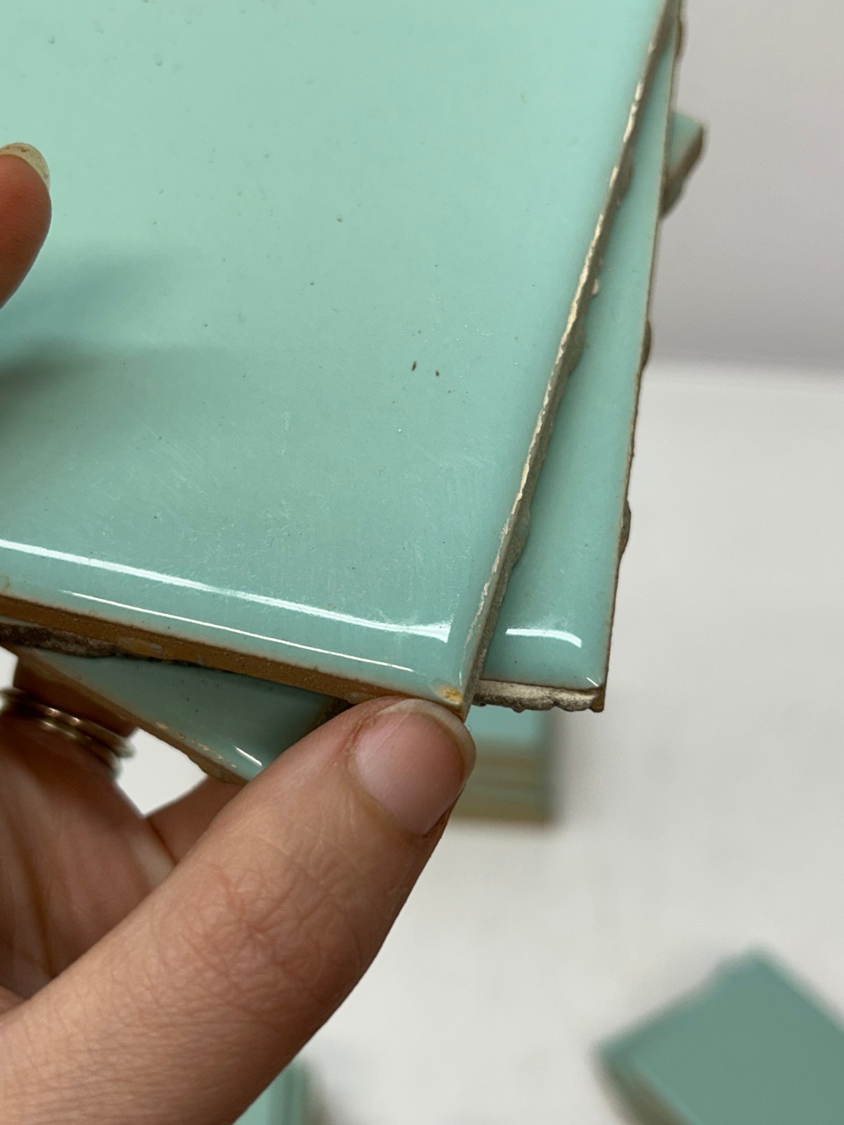 60 Vtg USQTCO Romany Ceramic Tile Blue Green MCM 4.25″ Tiles Kitchen Bath Used B