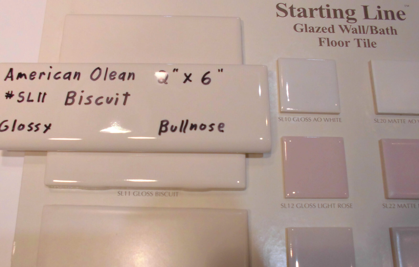 1 pc. Starting Line by American Olean; #SL11 Gloss Biscuit Bullnose Ceramic Tile