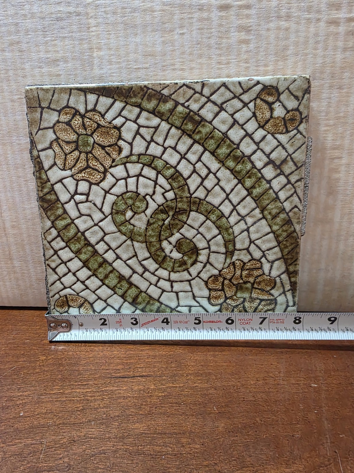 1970s Vintage Ceramic Floral Pattern Green/Floor Tiles Made In Italy