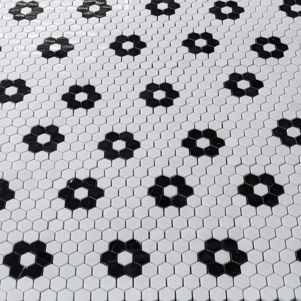 T31F1XP Thassos White Marble Hexagon Rosette Mosaic Tile Nero Marquina Black