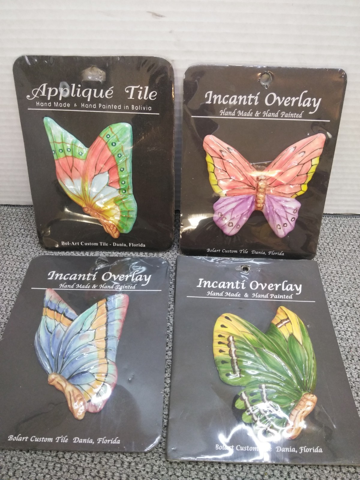 Bolart Custom Tile BUTTERFLY Hand Made Hand Painted Set Of 4 Incanti Overlay
