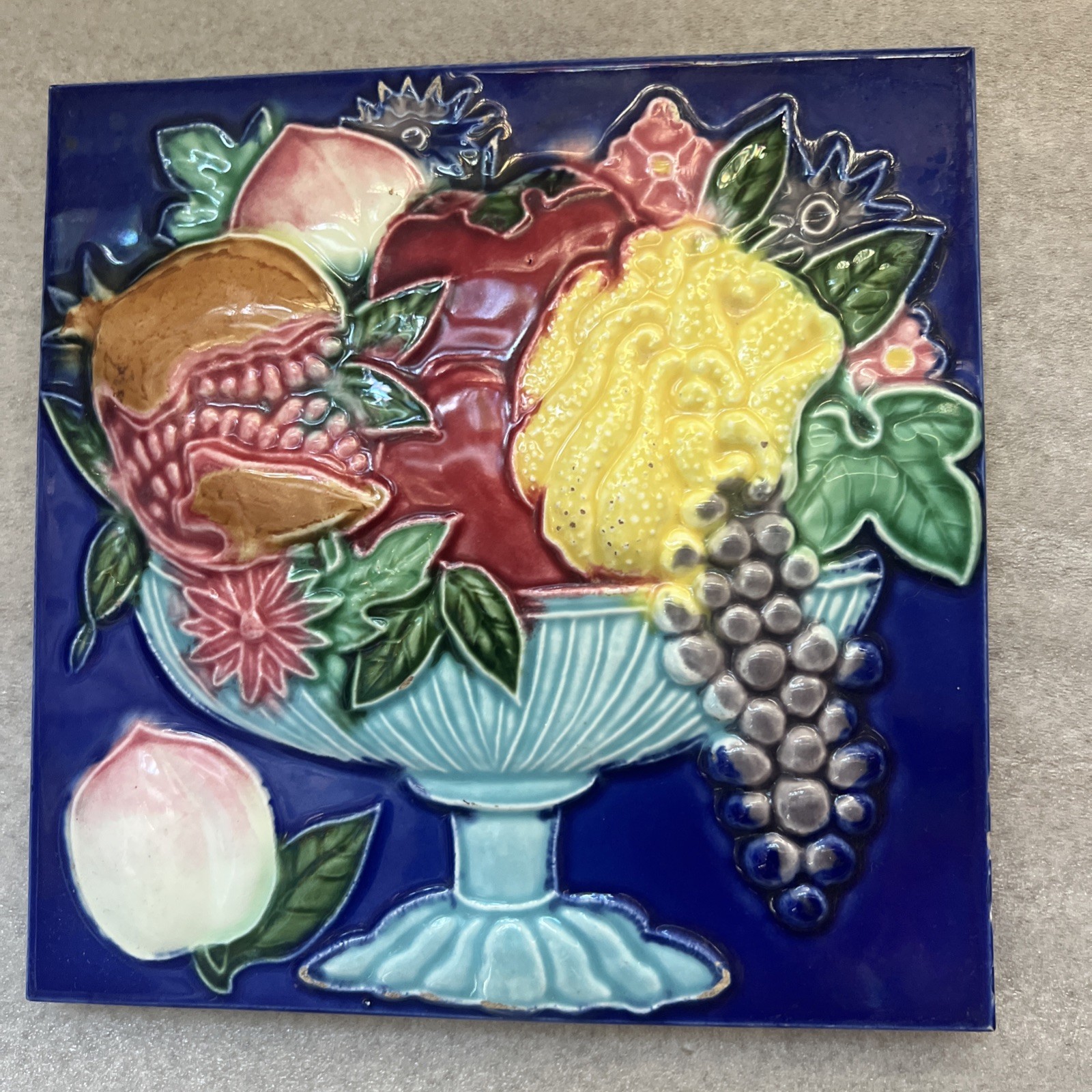 Pair Antique Japanese Danto DK Majolica Relief Tiles Fruit Basket Blue Cobalt 6”