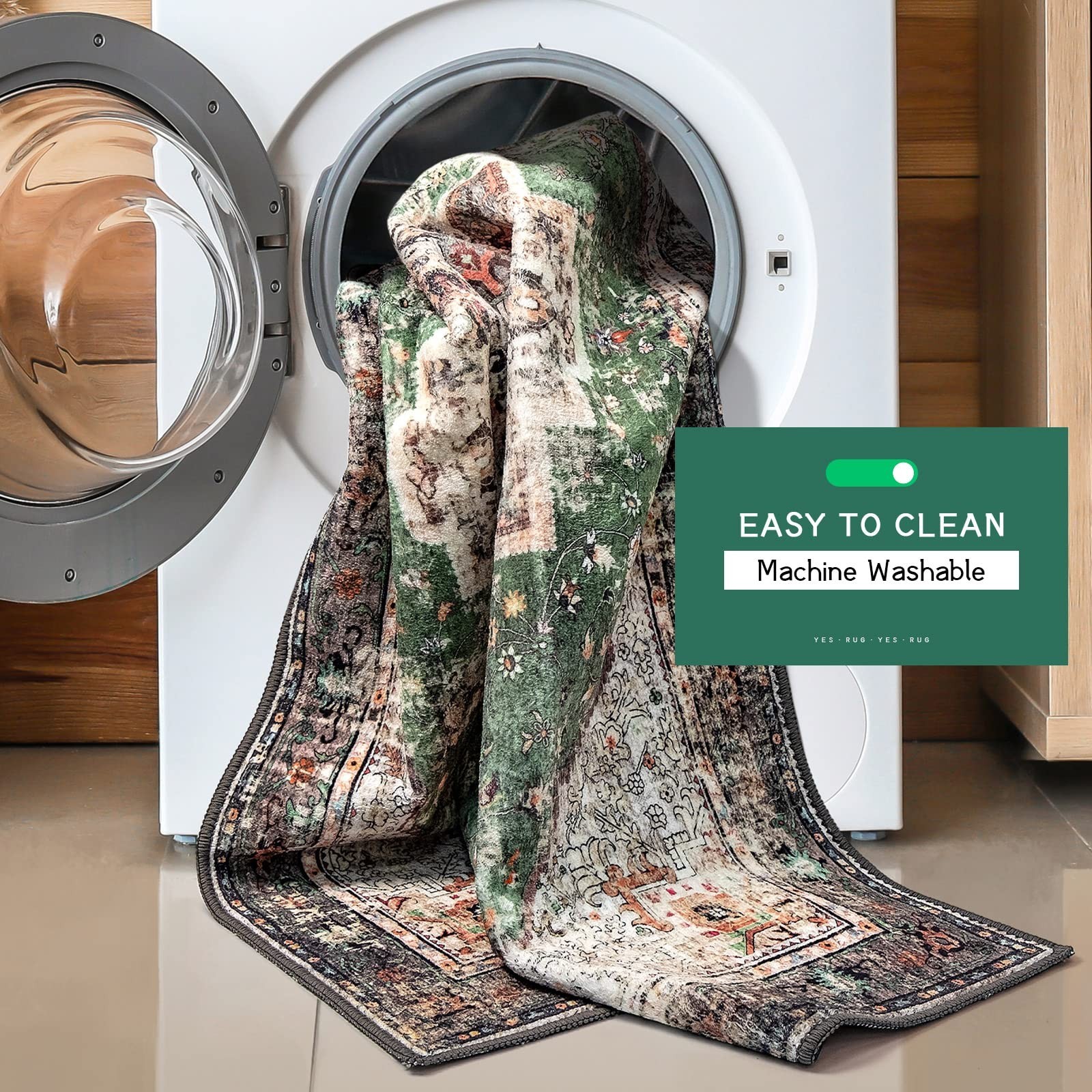 9×12 Area Rugs for Living Room Green Boho Washable Vintage Low Pile Non-Slip …
