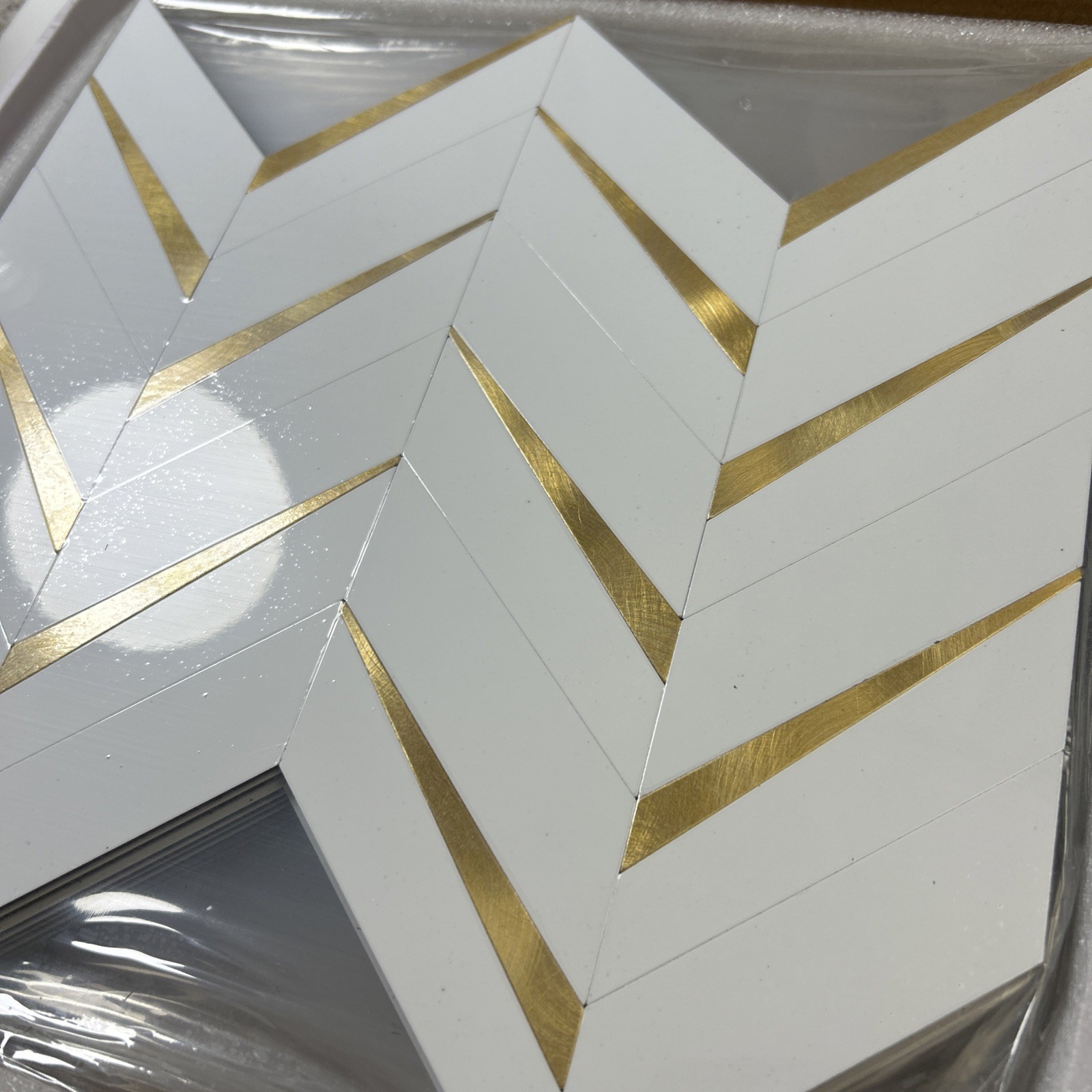 DICOFUN 10-Sheet Polished White Marble Look Herringbone Peel and Stick