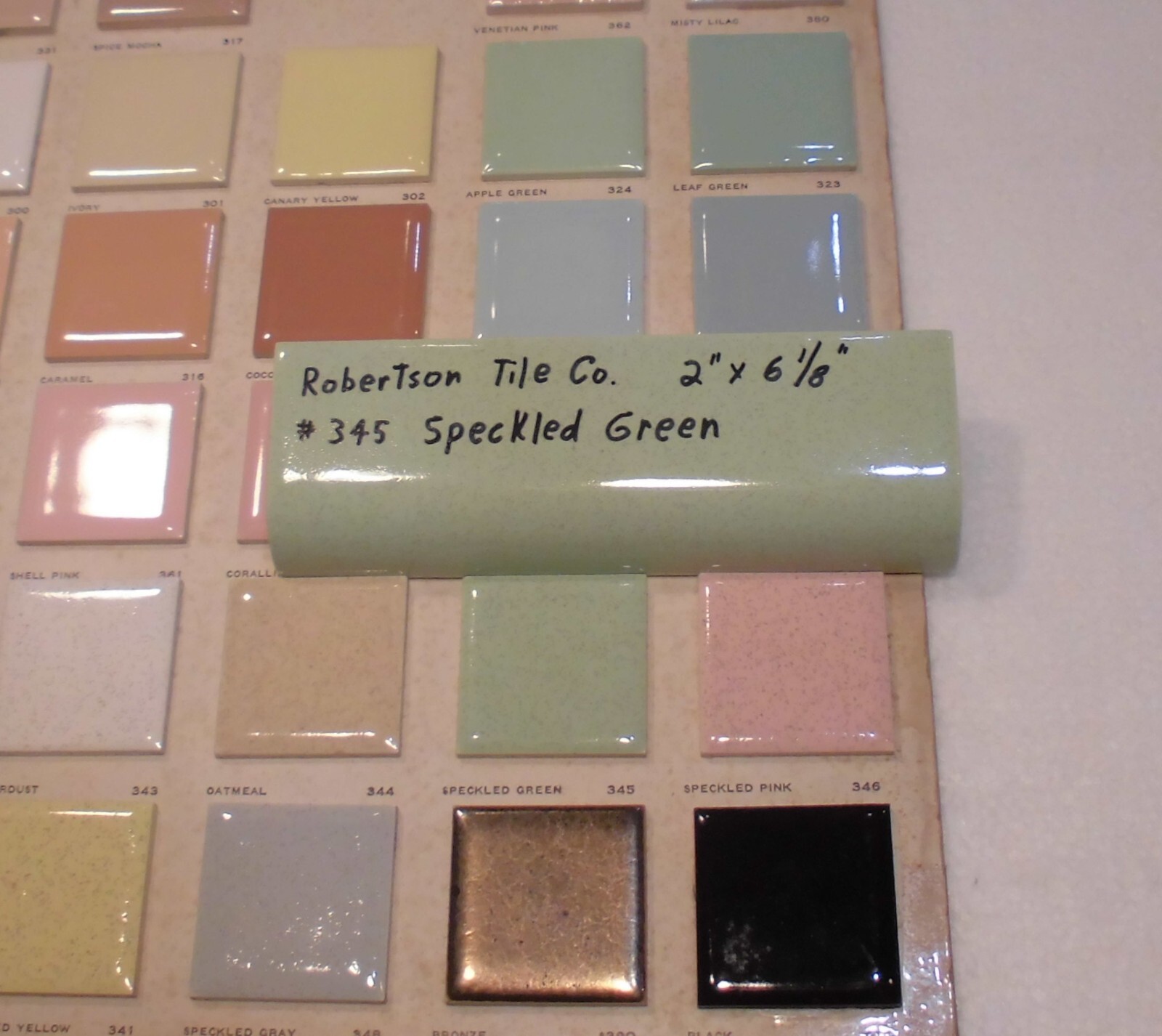 1 pc. Speckled Green: Ceramic Tile; 2″ X 6-1/8″ Radius Bullnose by Robertson Co.