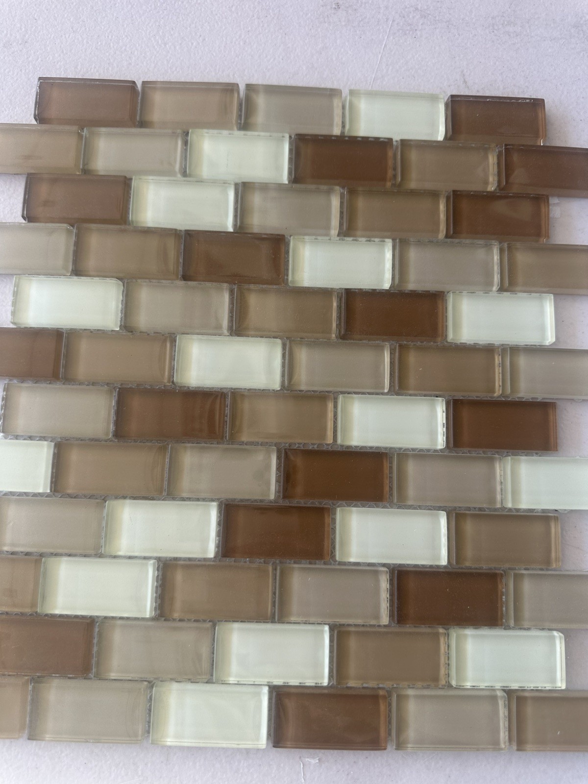 Light Beige 1×2 inch Mix Glossy Glass Mosaic Offset Mesh Mounted