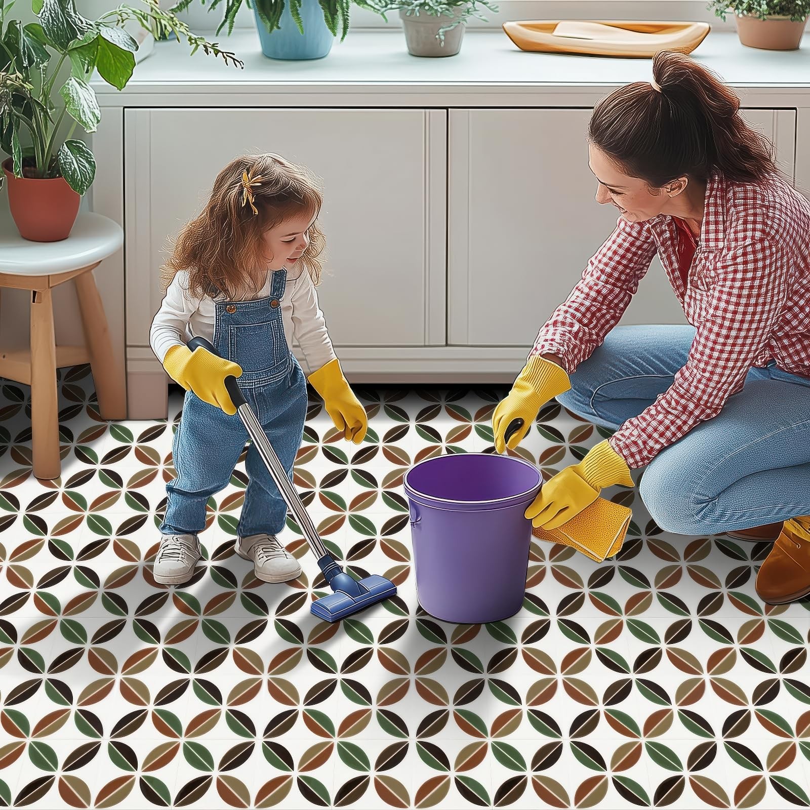 10PCS 12×12 Inch Retro Mid-Century Leaf Motif Floor Tiles Peel and Stick Remo…