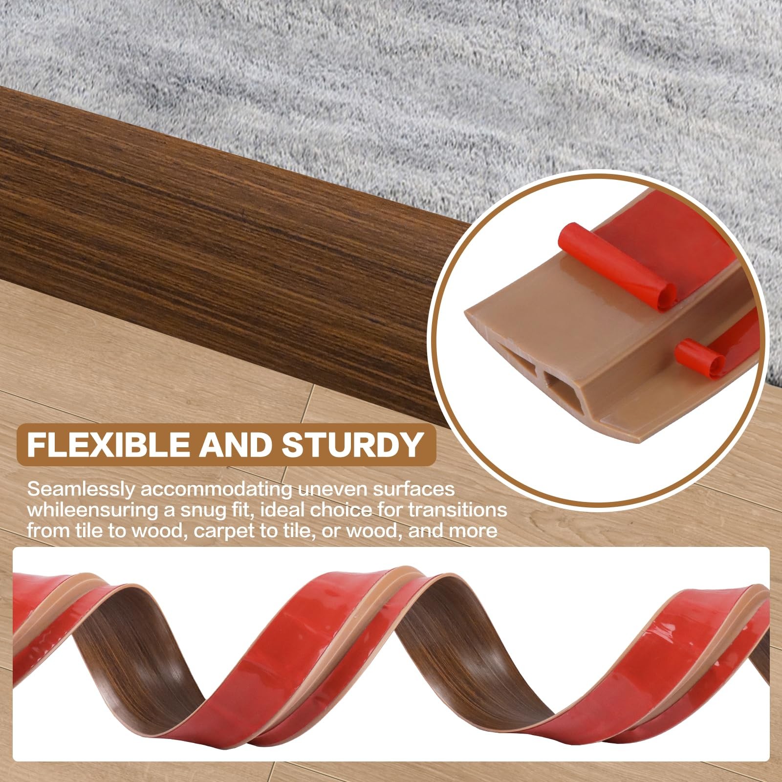 Floor Transition Strip Vinyl Door 1/5″ to 2/5″, 3.3Ft, Brown wood grain