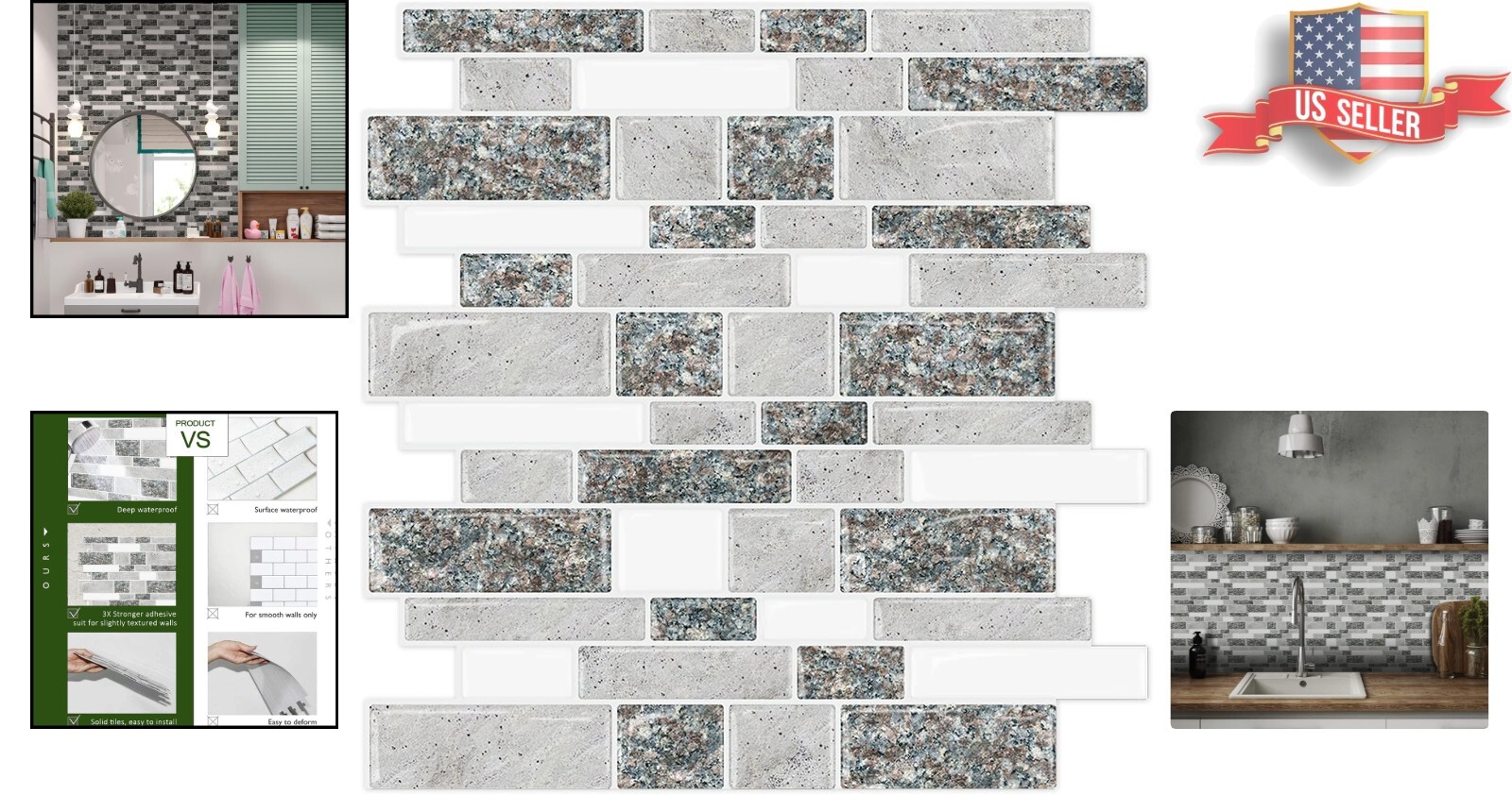 Thicker Grey Granite Backsplash Tiles – Waterproof Self-Adhesive Design