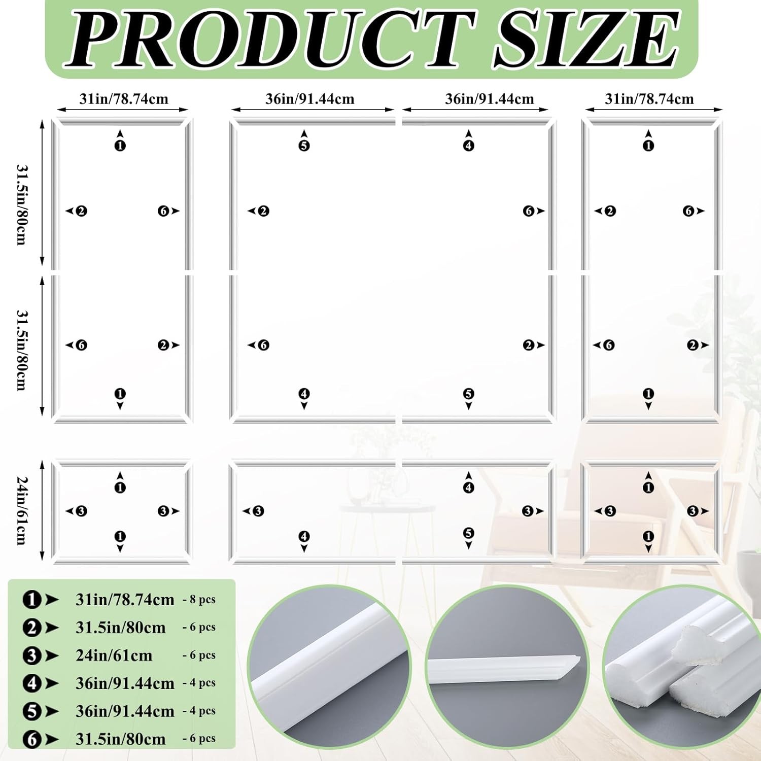 Peel & Stick Wall Molding Kit 3D Premade Wainscoting Wall Decor 31×63+72×63