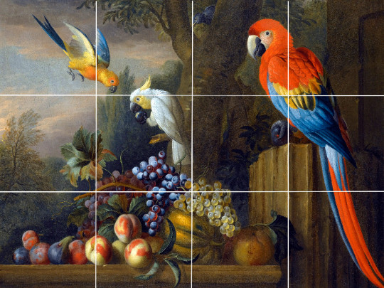 Still Life with Fruits, Parrots & Cockatoo Bogdány ceramic tile mural backsplash