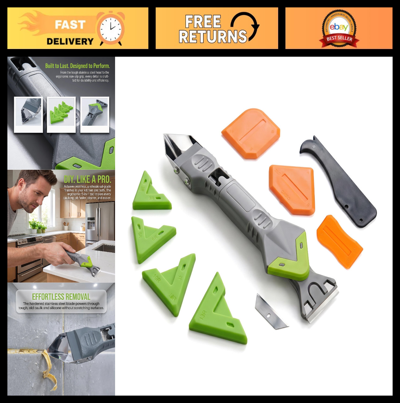 5-in-1 Caulking Tool Kit – Stainless Steel Remover, Silicone Finisher & Grout Sc