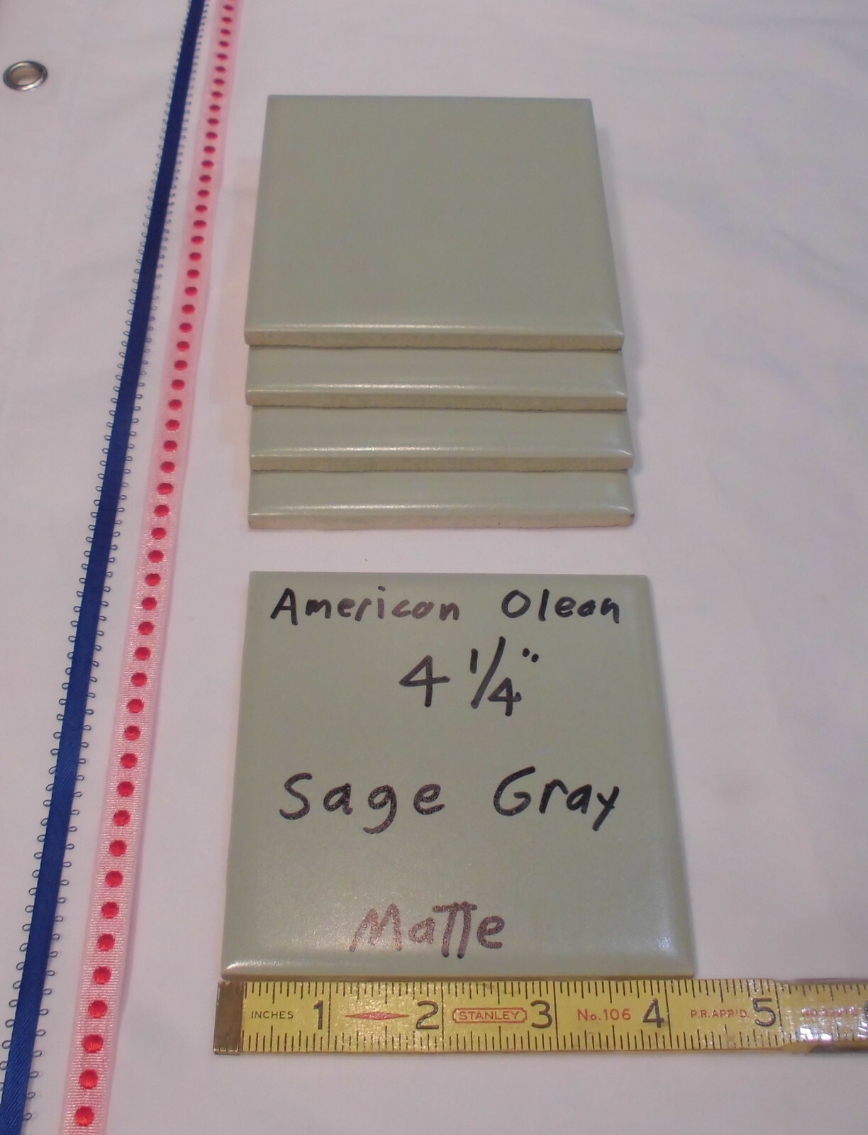 5 Ceramic Tiles *Sage Gray* by American Olean 4-1/4″ Greenest, Matte, NOS