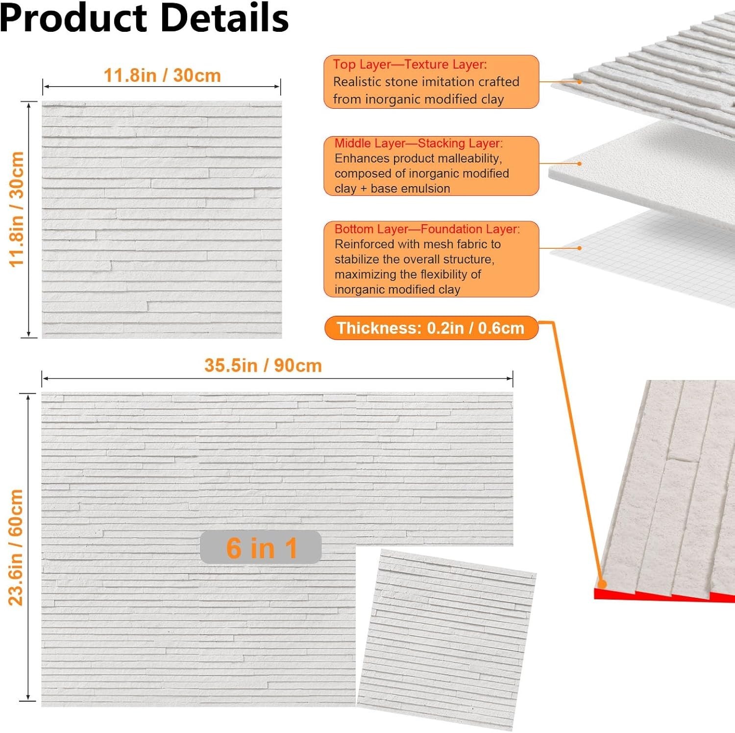 2 Pcs 3D White Faux Stone Wall Panels 11.8’‘ x 11.8’’ x 0.2”, Inorganic Clay