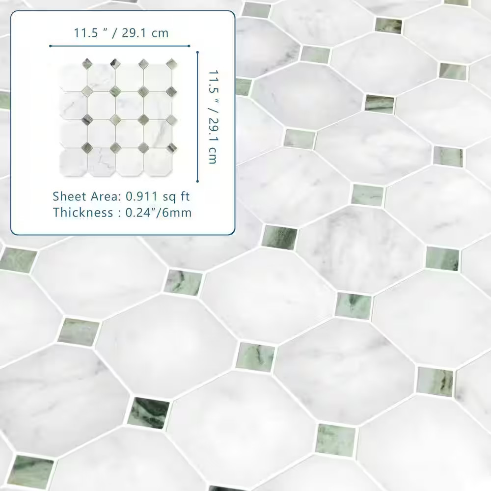 Octagon Carrara White and Green 11.5 In. X 11.5 In. Honed Natural Marble Floor a