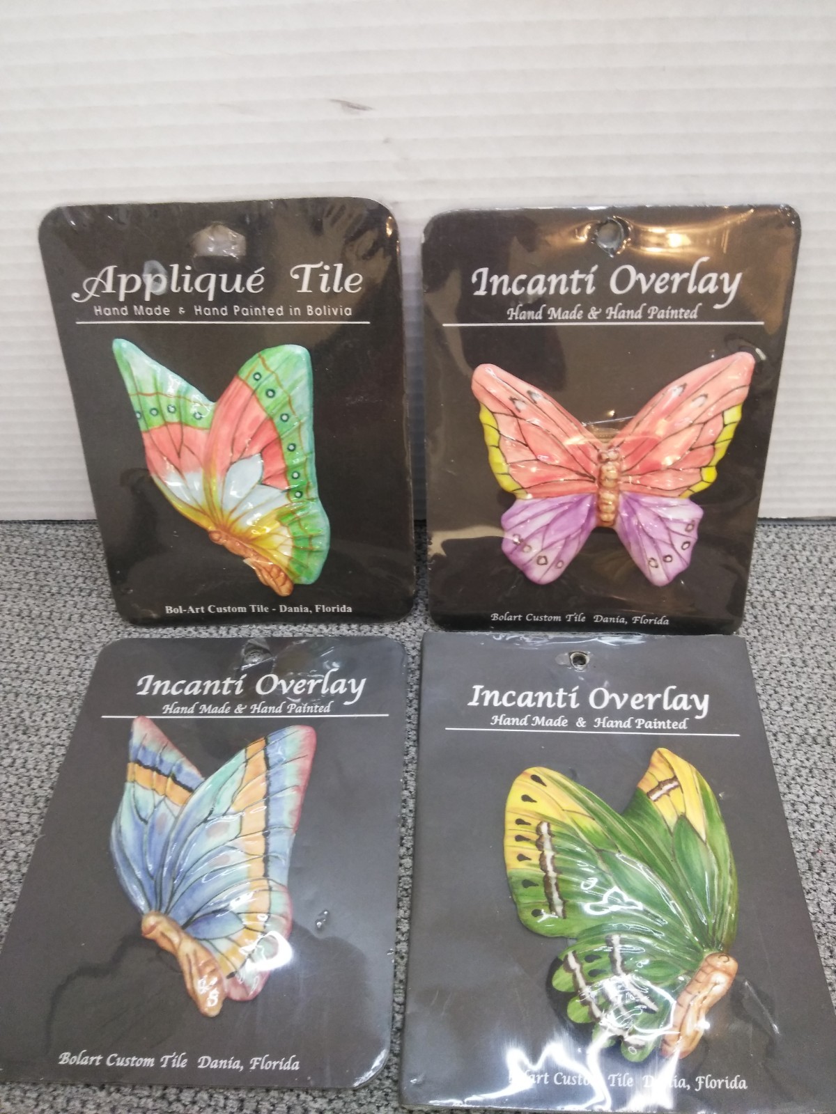 Bolart Custom Tile BUTTERFLY Hand Made Hand Painted Set Of 4 Incanti Overlay