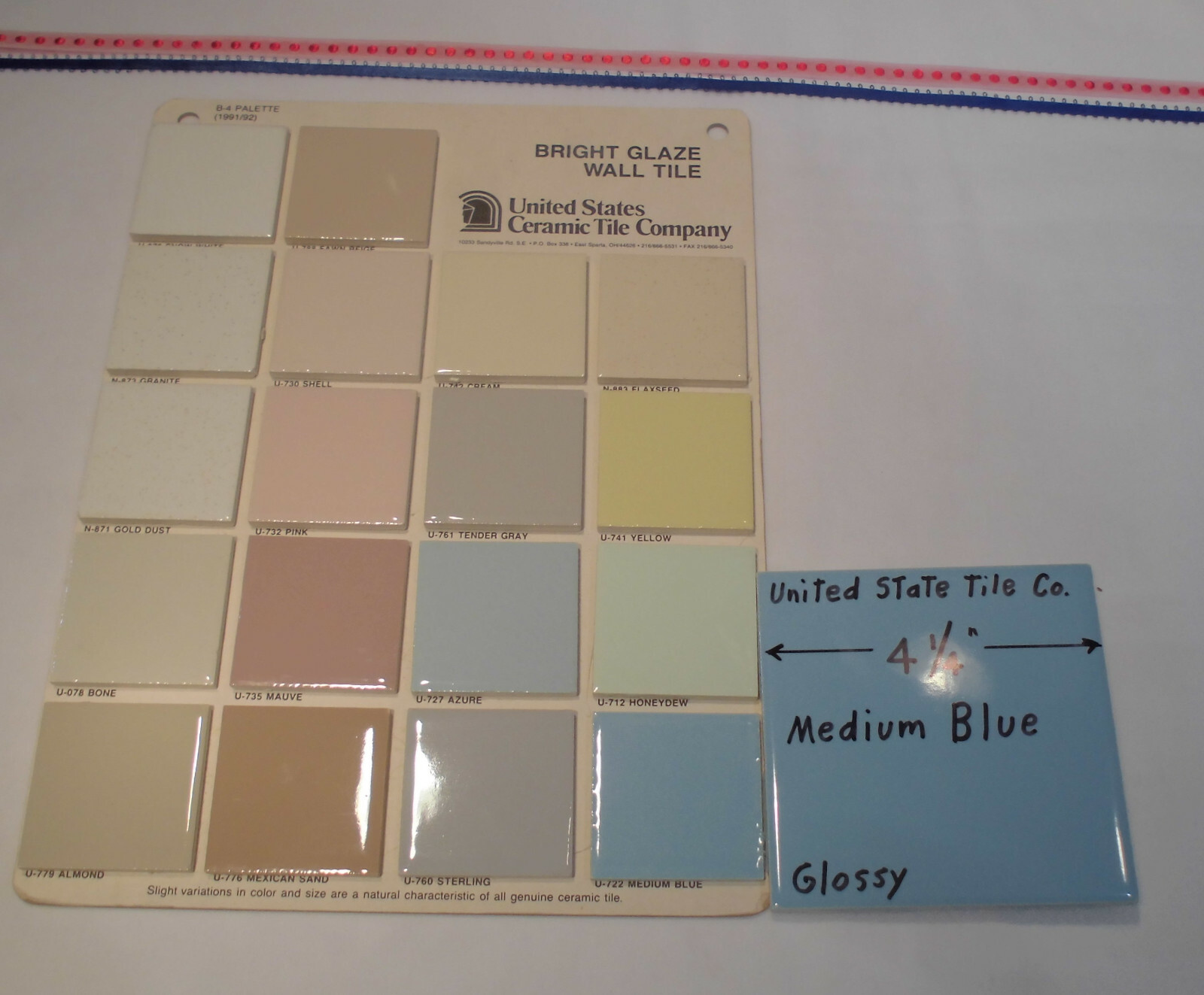 1 pc. Medium Blue 4-1/4″ Glossy Ceramic Tile; United States Tile Co. Made 1990’s
