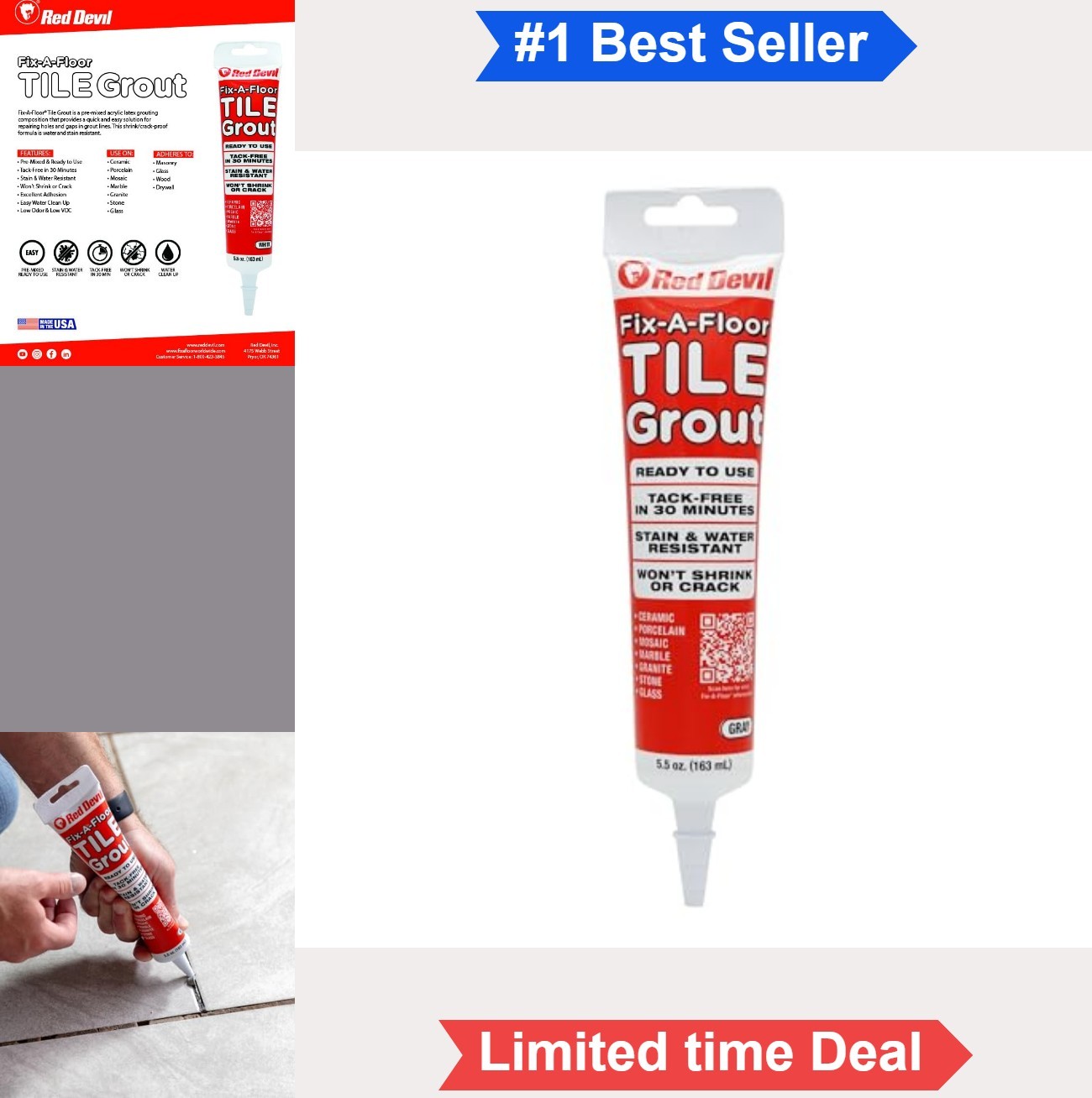 Tile Grout Gray 5.5oz Squeeze Tube Pre-Mixed Water Resistant Quick Drying Repair