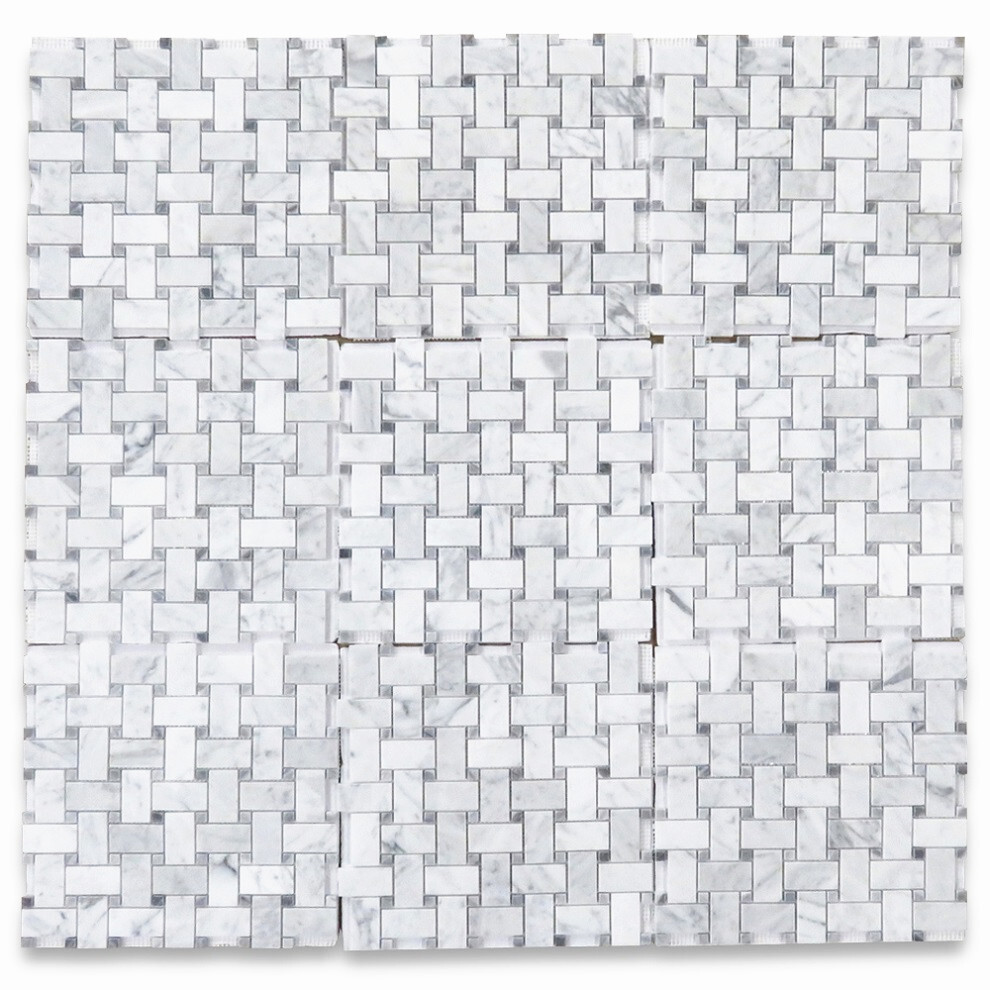 C657XP Basketweave Carrara White Marble Mosaic Tile Dark Grey Dots Polished