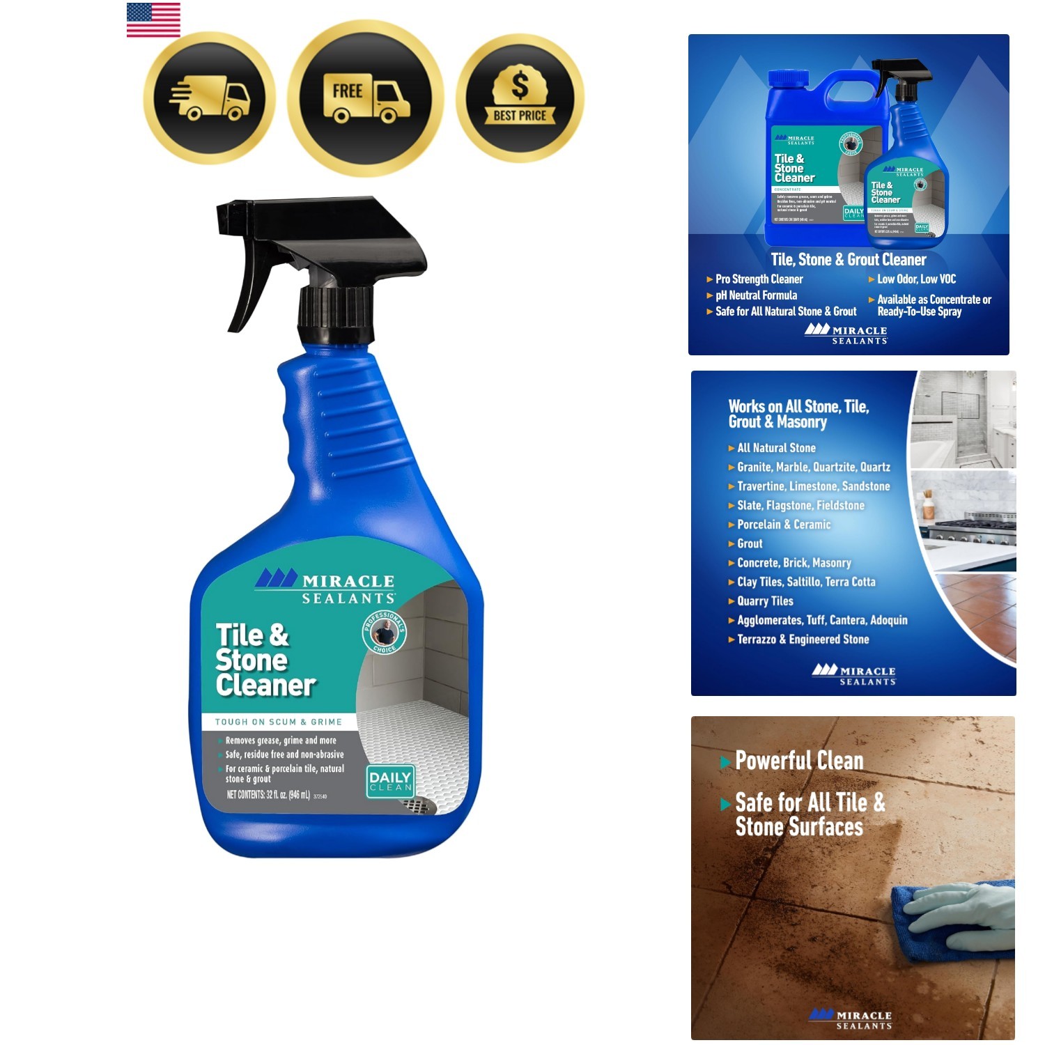 Tile & Stone Cleaner Concentrate for Natural Stone, Tile & Grout, 32 oz