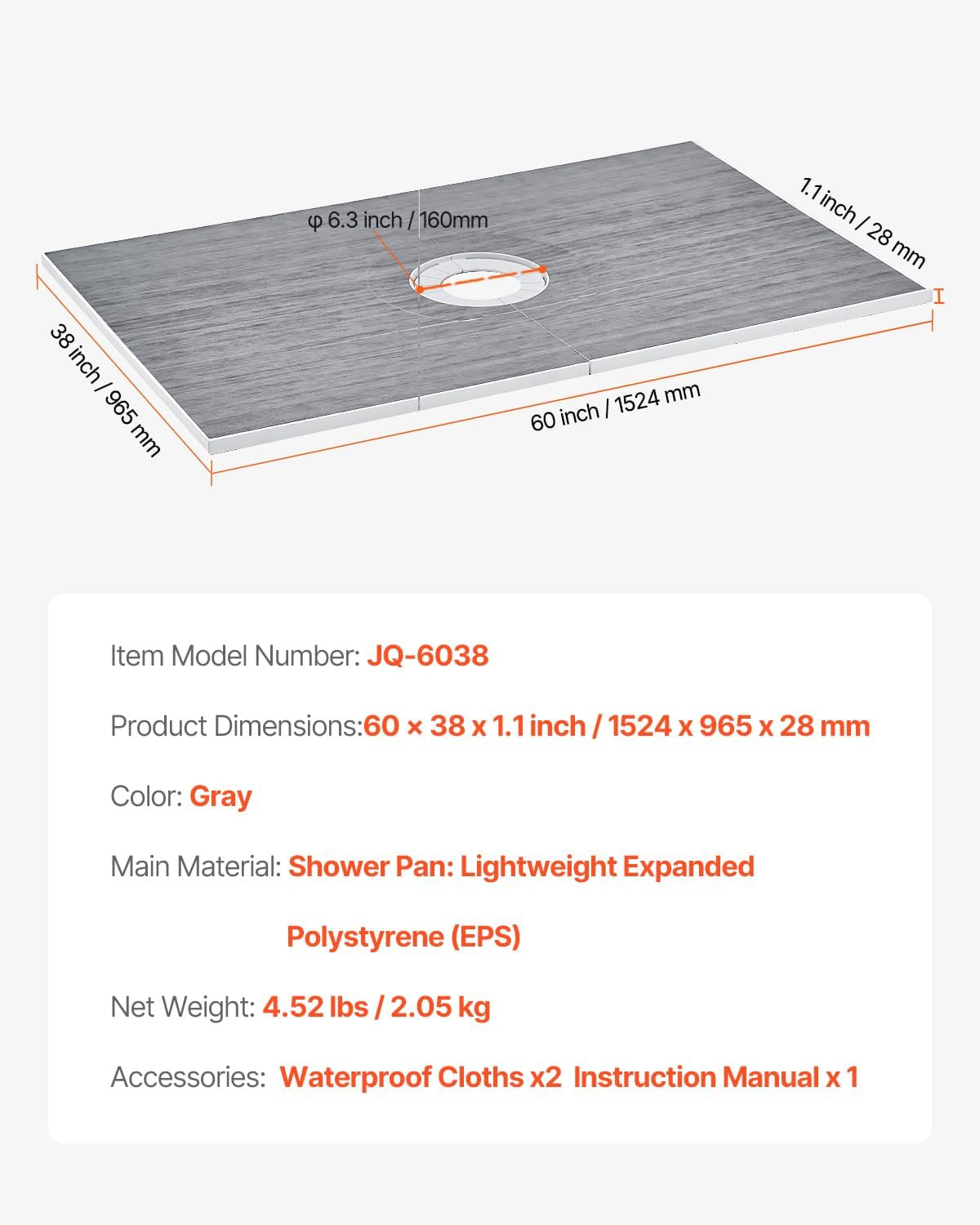 38″X60″ Shower Kit with Curb, Waterproofing Membrane Thickened Shower Base EPS M