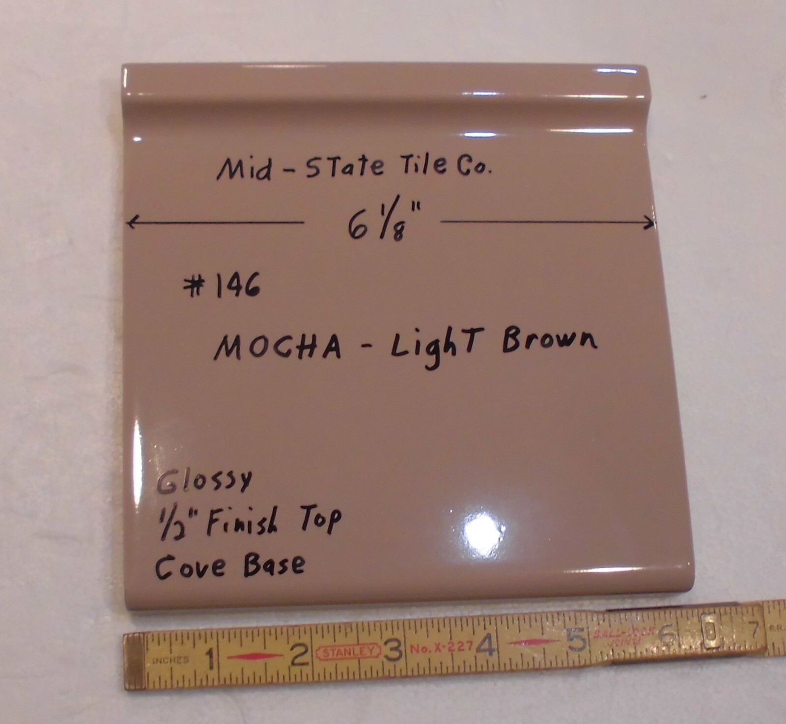 1 pc. Vintage Glossy *Mocha- Brown* 6” X 6” Ceramic Cove Base Tile by MID-STATE
