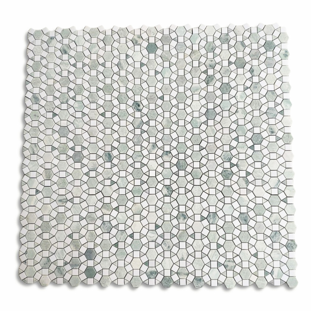 T392XH Thassos White Marble Hexagon Sunflower Ming Green Mosaic Tile Honed