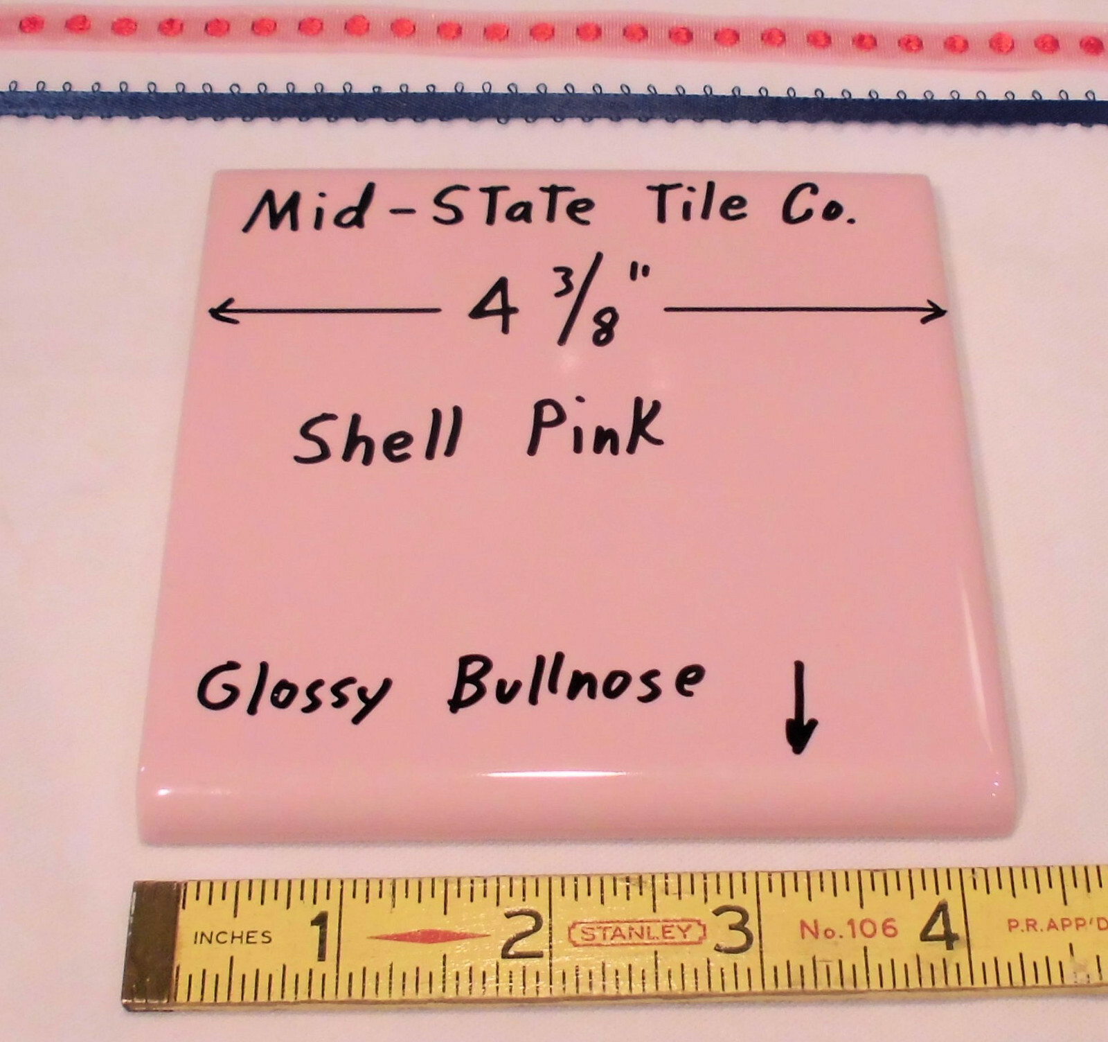 1 pc. “Glossy Shell Pink” Surface Bullnose Ceramic Tile: by 4-3/8″ Mid-State Co.
