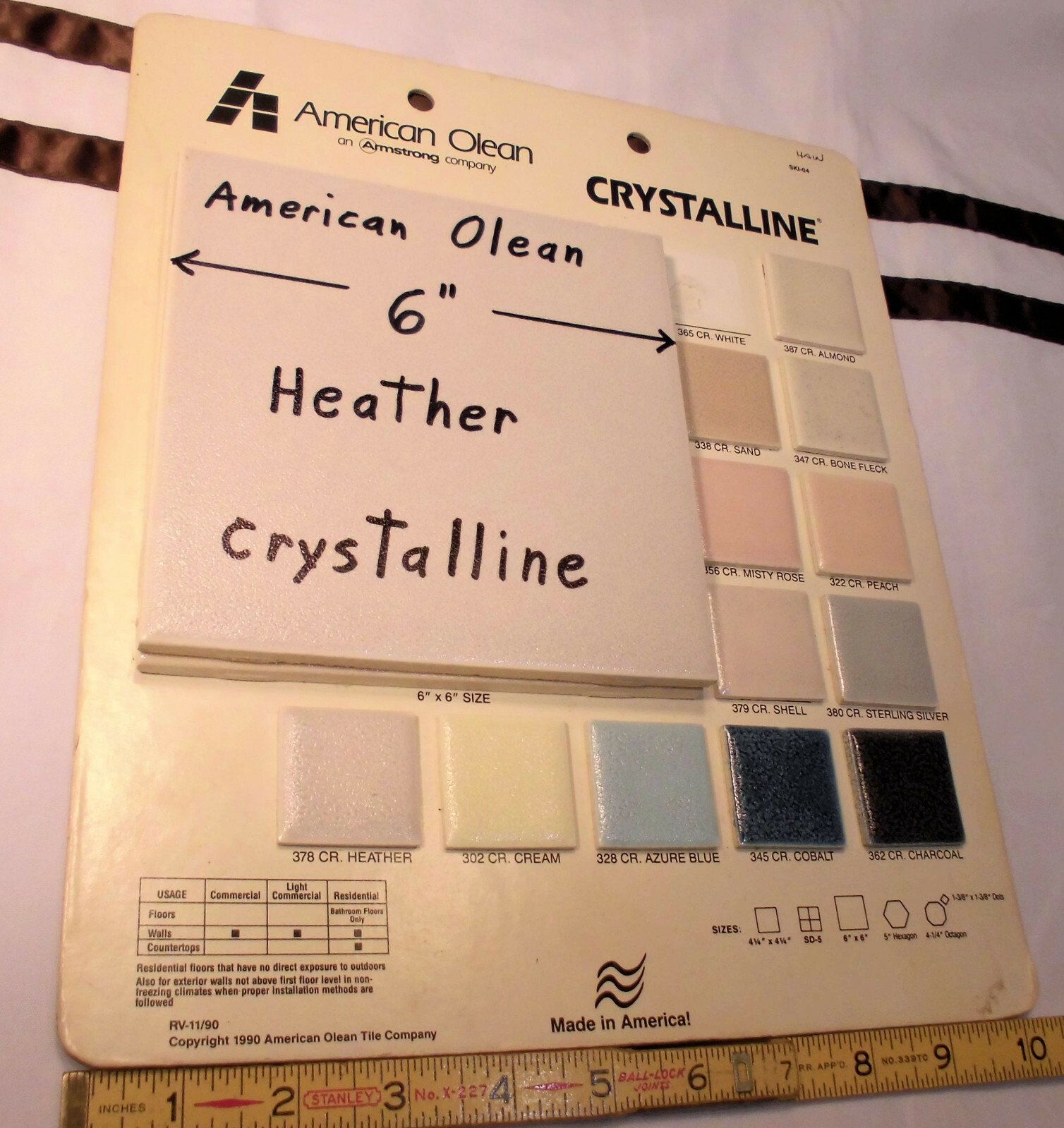 1 pc. 6″ Ceramic Tile Crystalline *Heather -Off White* by American Olean; NOS