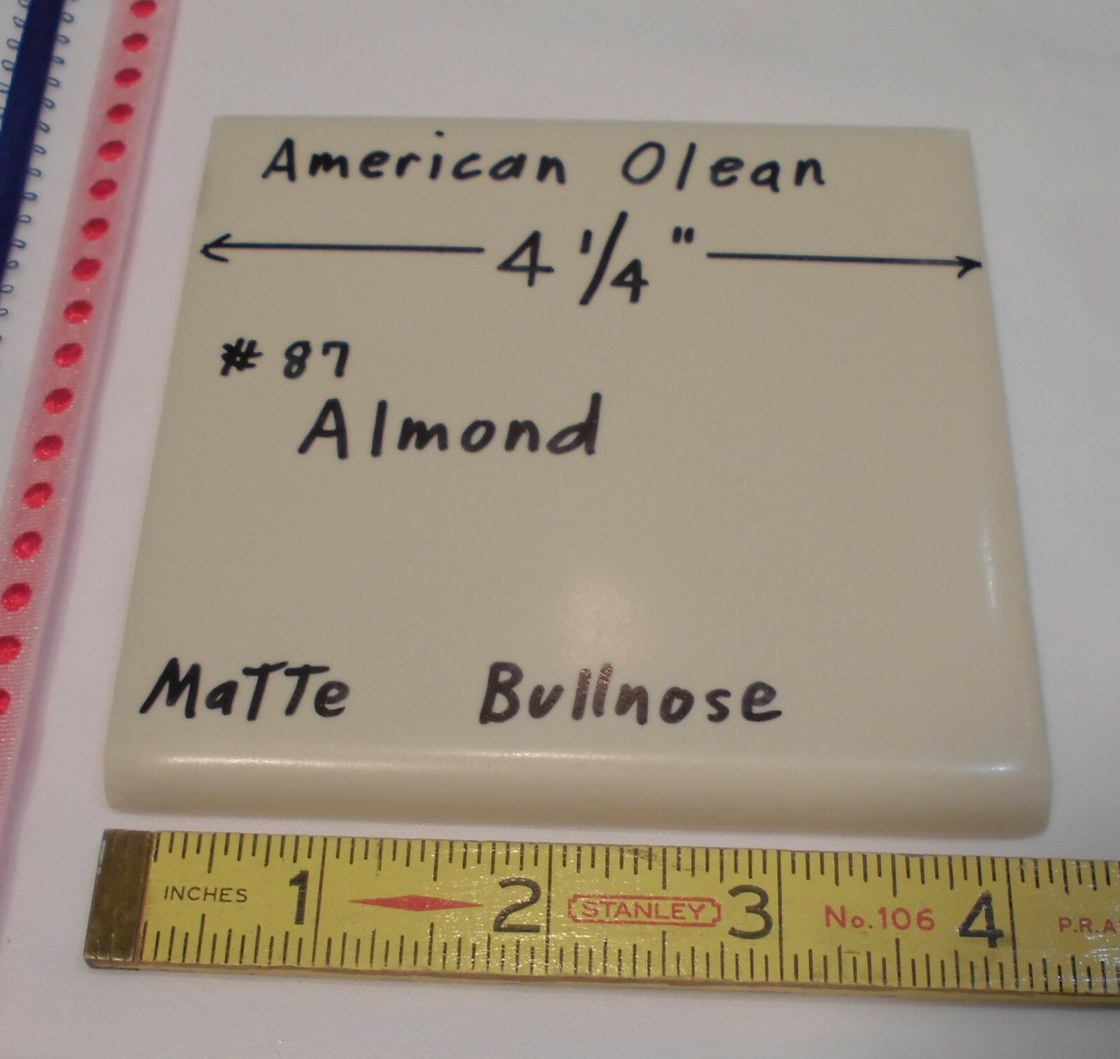 1 pc. *Matte Almond #87* Ceramic Tile Bullnose by American Olean 4-1/4″ New