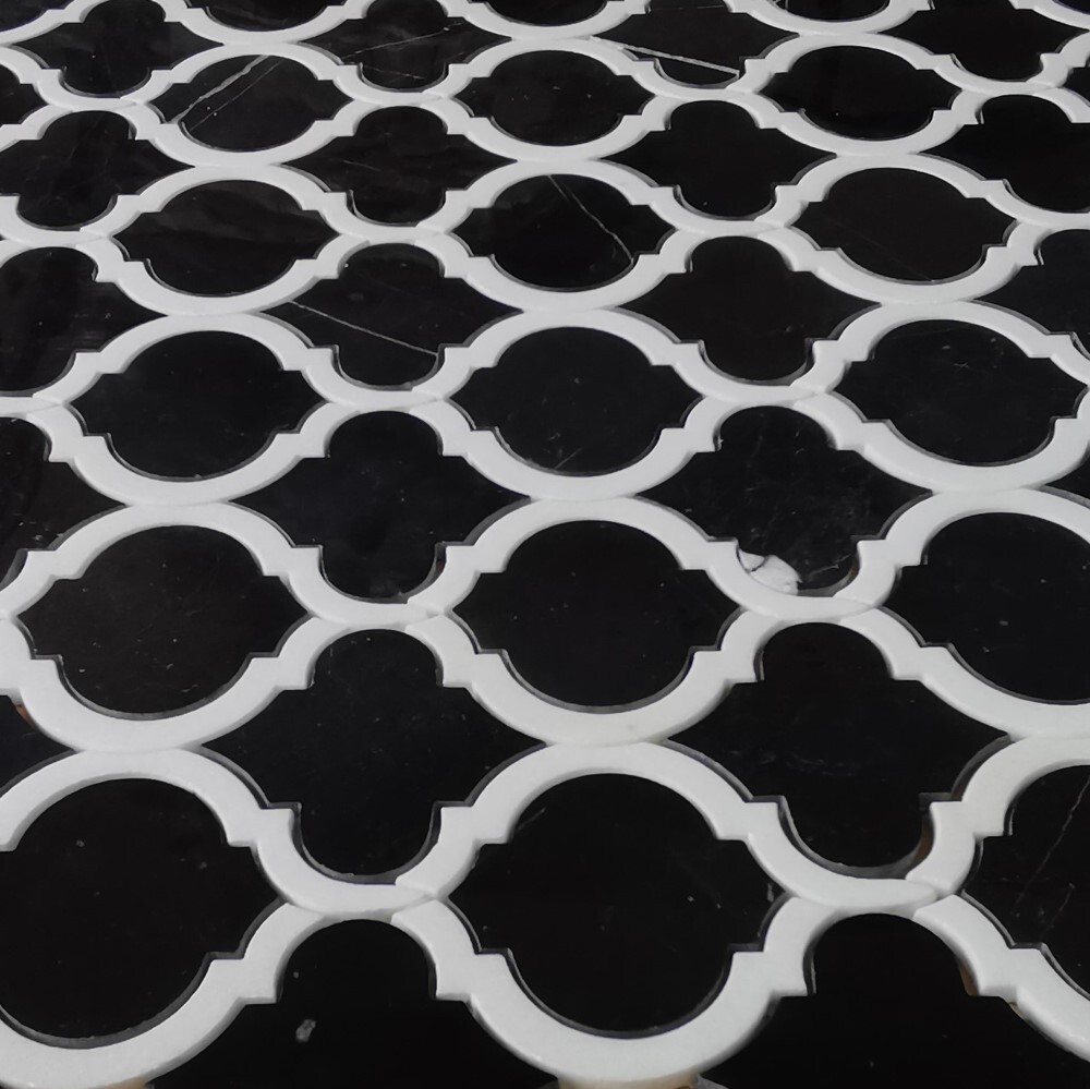 N89AXP Nero Marquina Black Marble Waterjet Arabesque Lantern Tile Polished