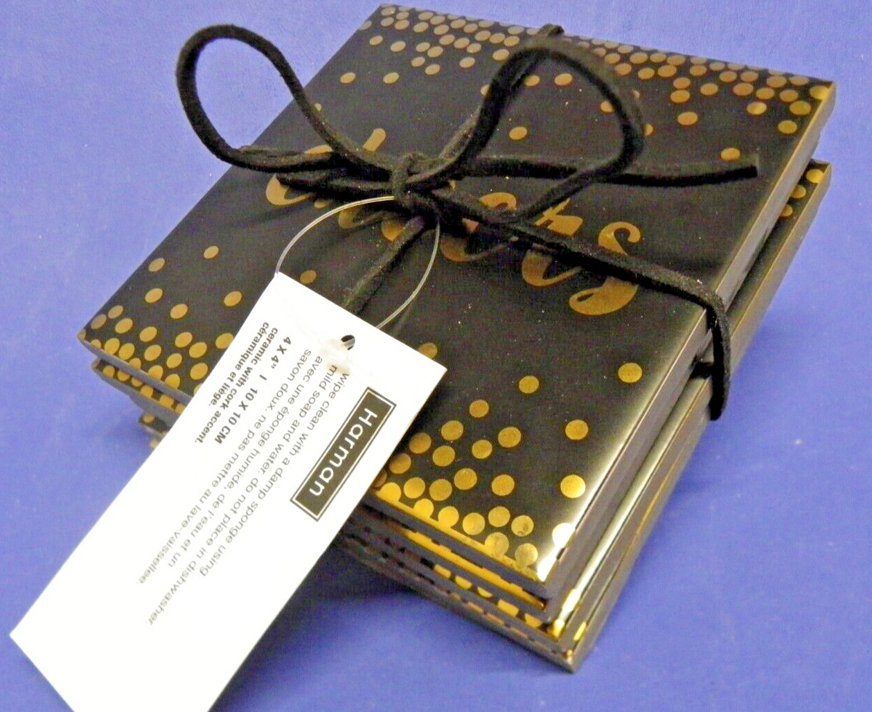 4 Harman Ceramic Drink Coasters Cork Back Black & Metallic Gold “Cheers” New