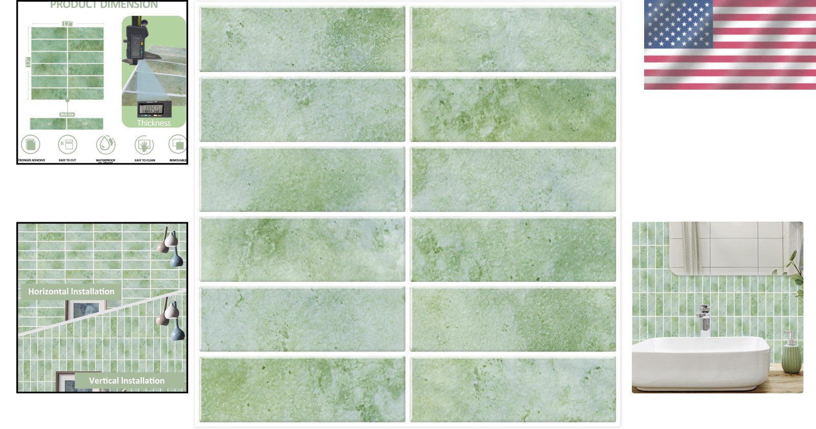 Waterproof Green Peel and Stick Tiles, 12″x12″, Ideal for Kitchen & Bath