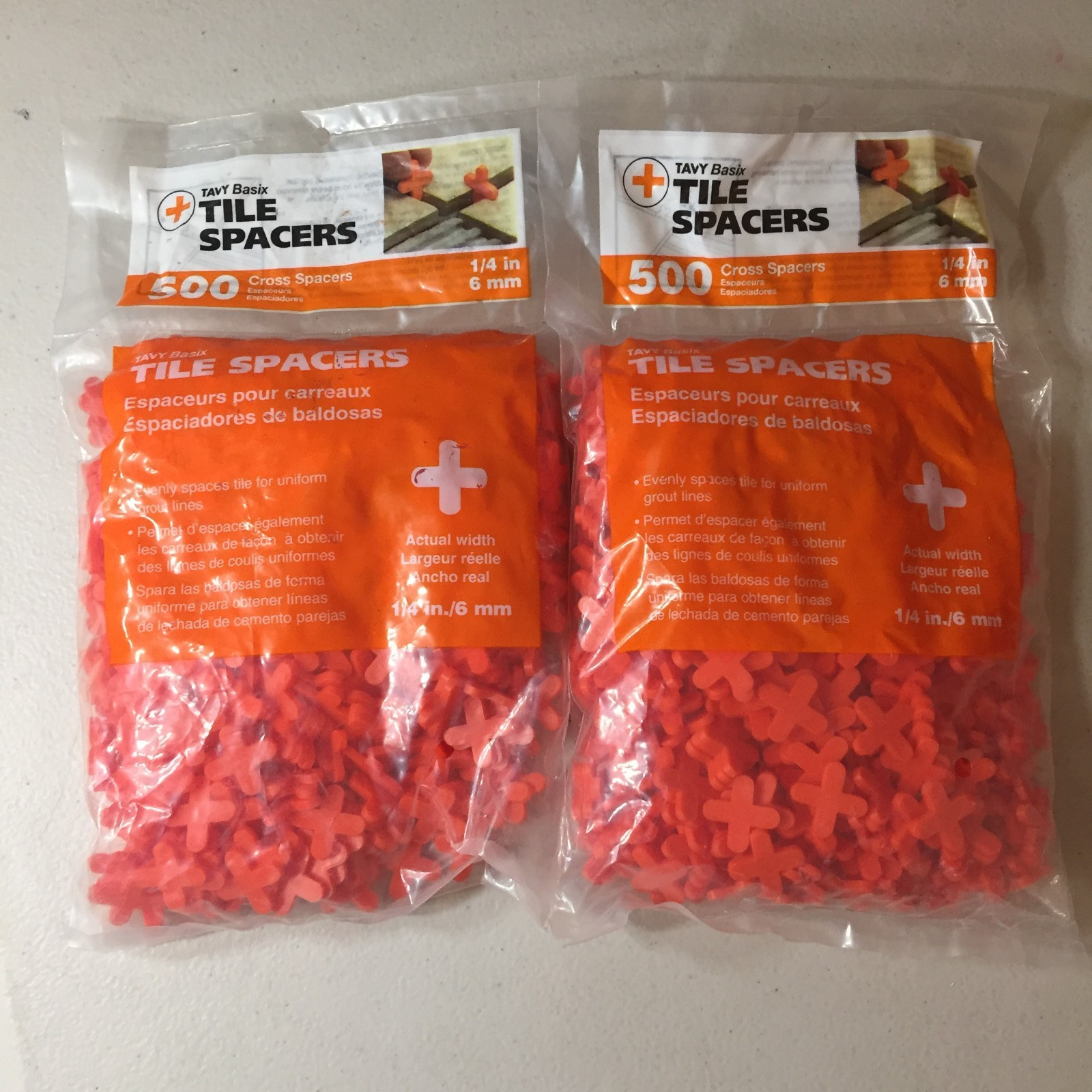 Tavy Basix Tile Spacers 1/4in 6mm 500 Cross Pcs Orange Plastic 2 bags/1000 Pcs