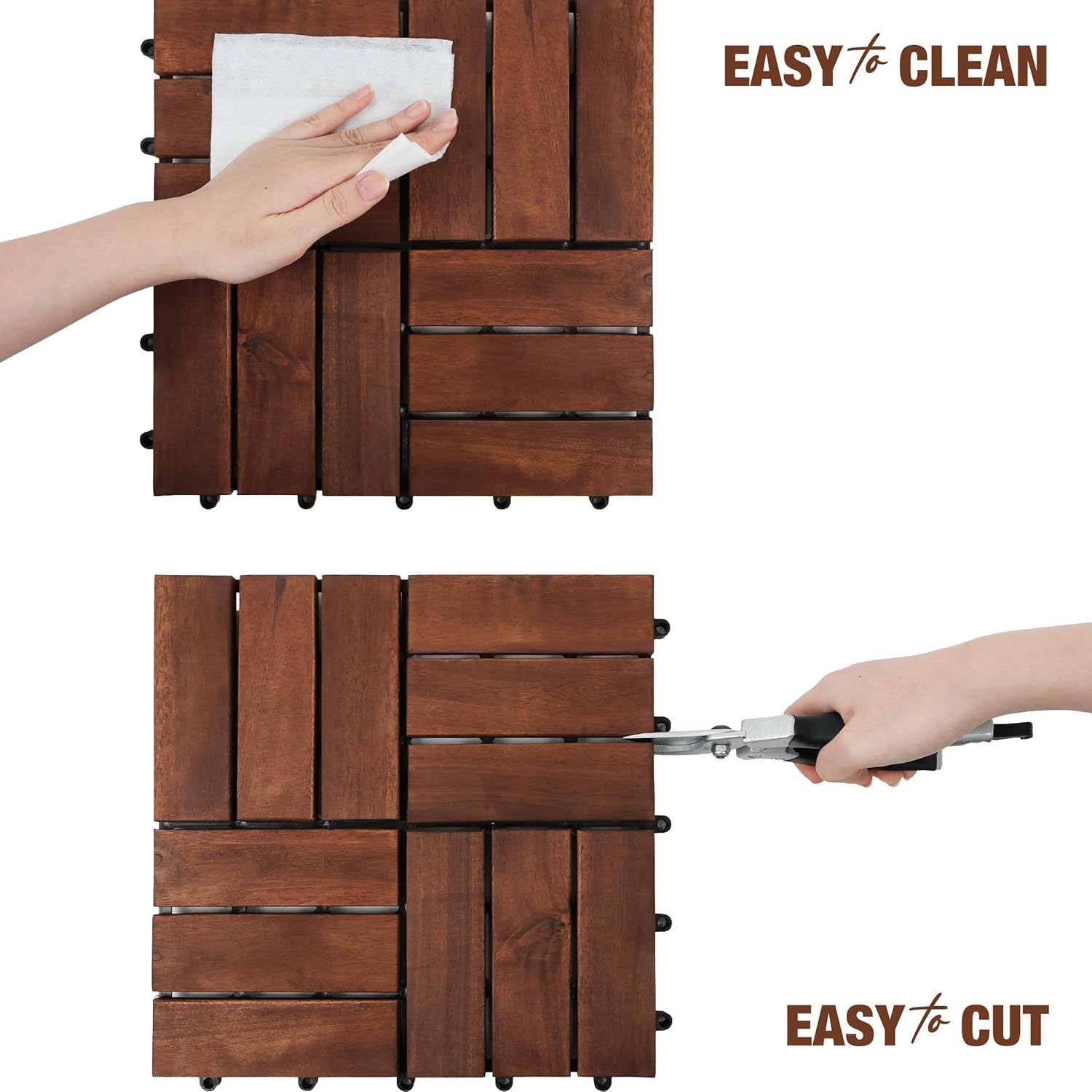 Acacia Wood Interlocking Deck Tiles, 9 Pc, 12″ x 12″ x 0.9″, Dark Brown