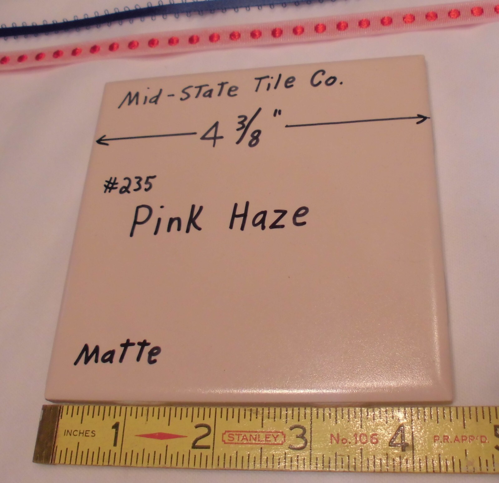 1 pc. Matte Pink Haze #235: Ceramic Tile 4-3/8″ by Mid-State Co. New Old Stock