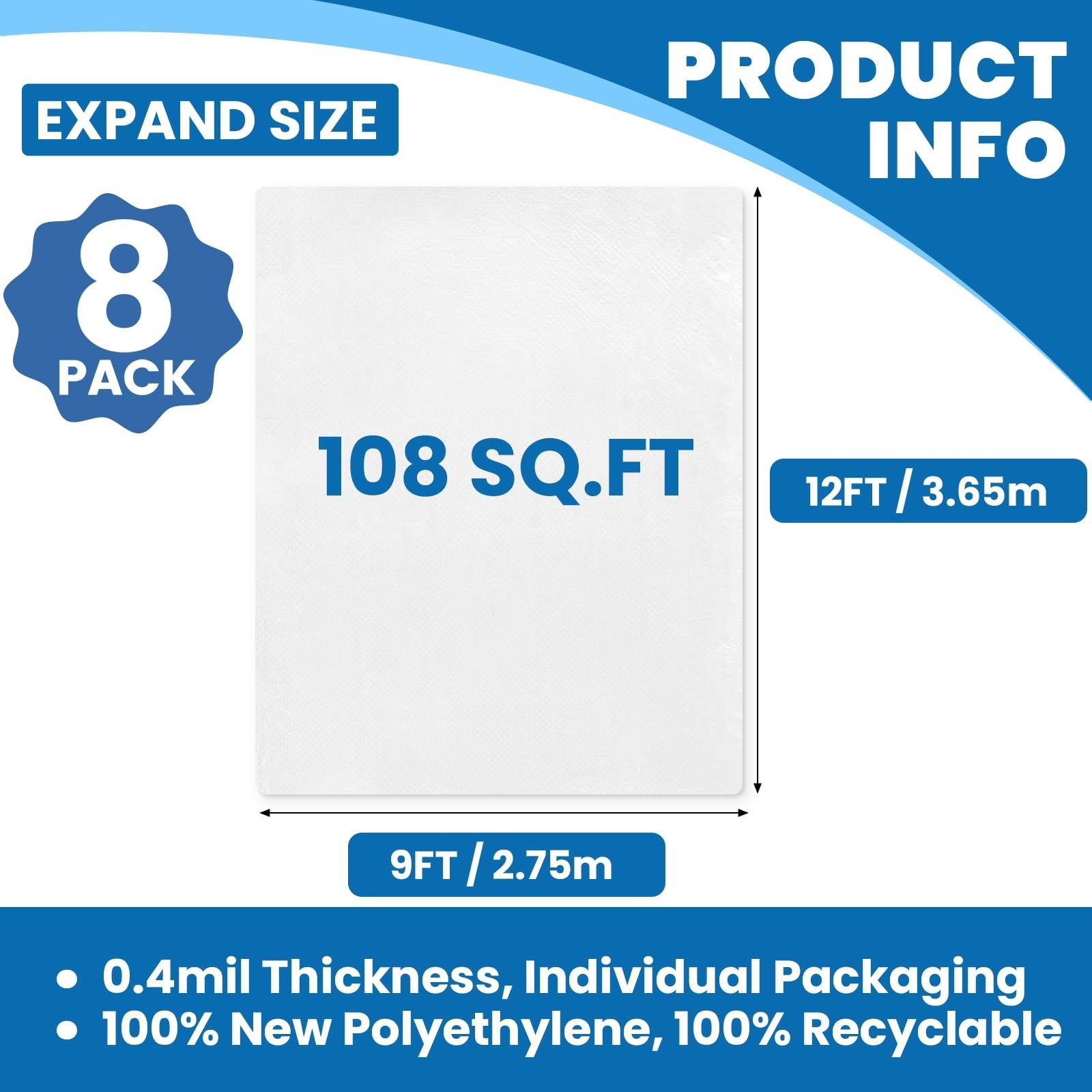 8 Pack Plastic Drop Cloth, 9 x 12 Feet Plastic Sheeting, Painter’s Sheeting &…