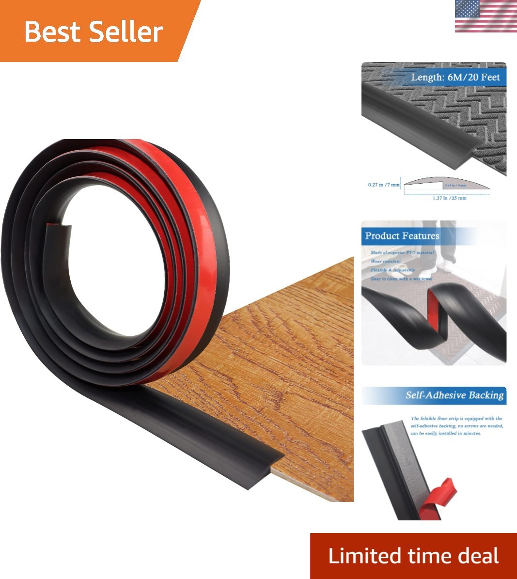 Durable PVC Floor Transition Strip – Easy Peel & Stick Installation, 20ft Black
