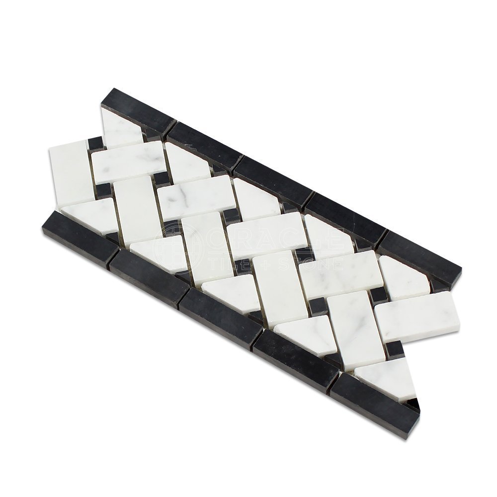 Carrara White Italian (Bianco Carrara) Marble Basketweave Border Mosaic Tile