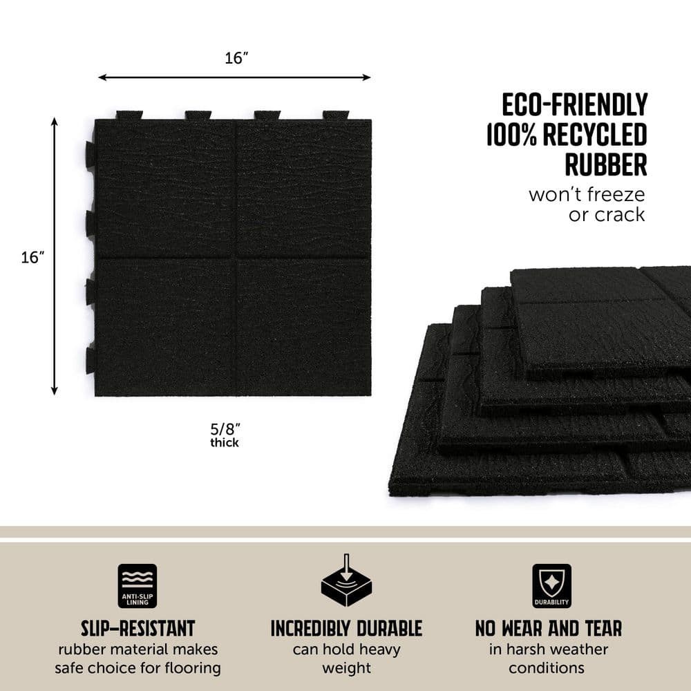 16 In. X 16 In. X 5/8 In. Black Cobblestone Smartloc Rubber Paver (9-Pack)