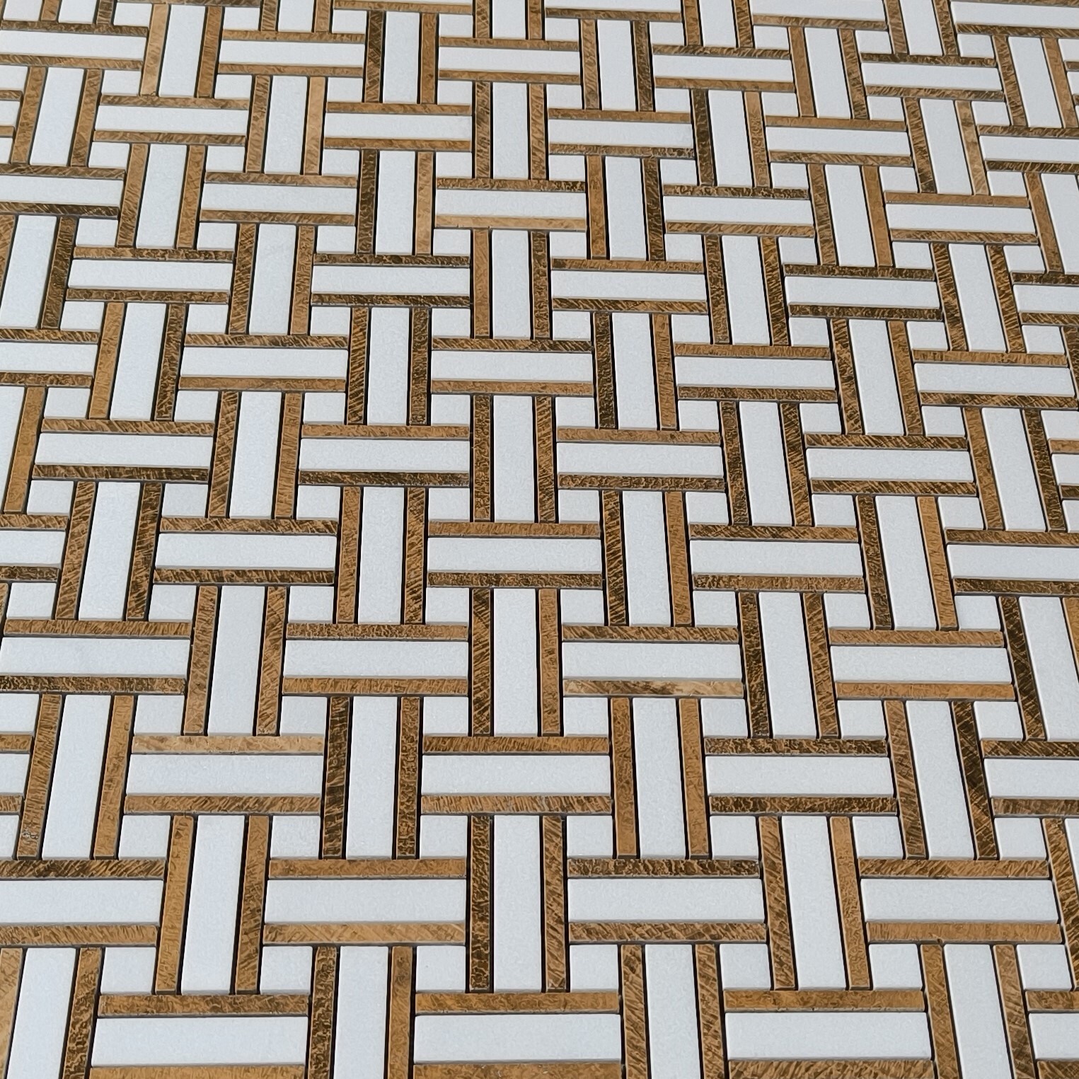 T66A8XP Thassos White Marble Twine Basketweave Mosaic Tile Yellow Woodgrain
