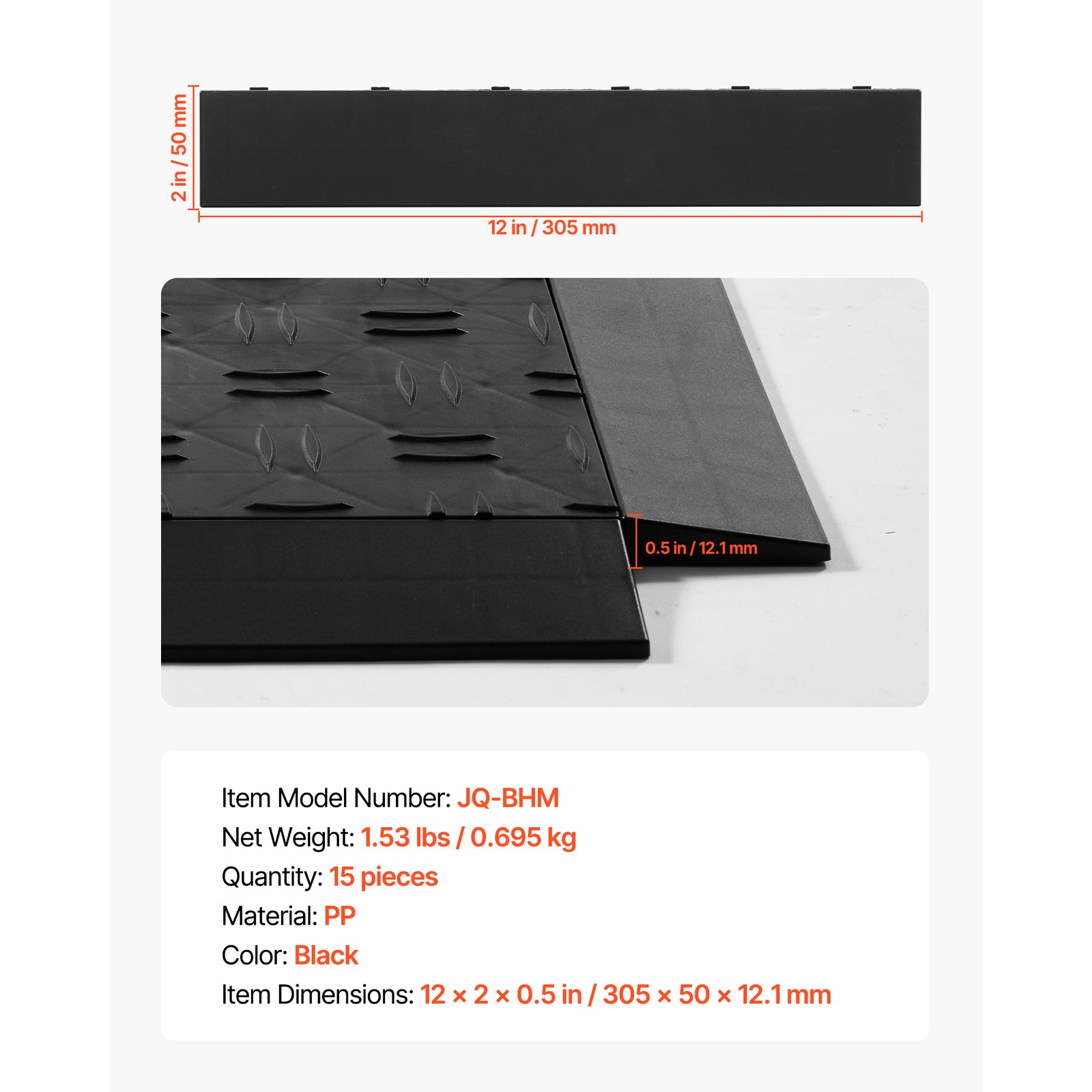 Uimoso 15-Piece Interlocking Garage Floor Edge Kit, Non-Slip, Black, PP Material
