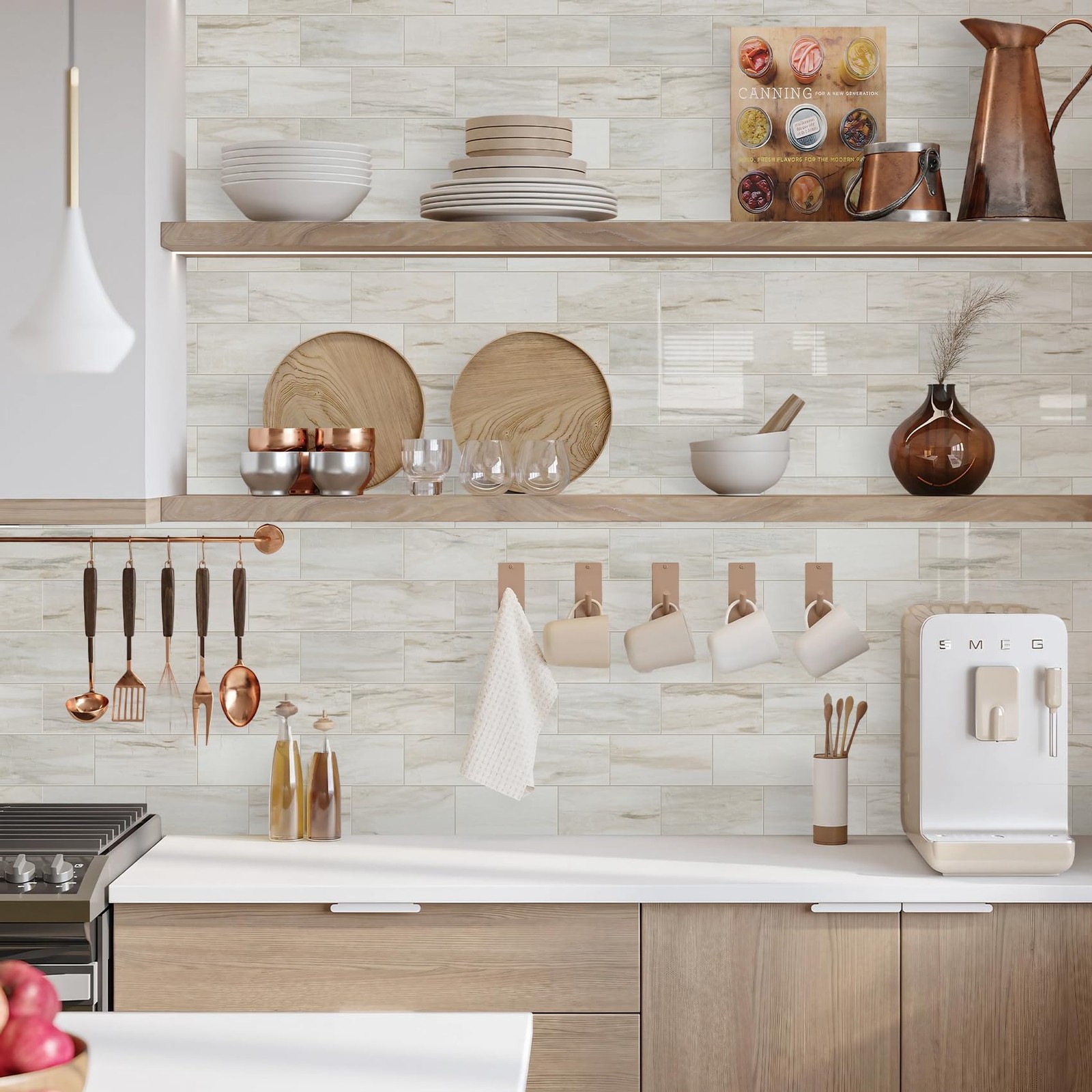 4-Piece Glossy Wooden Marble Grain Peel and Stick Backsplash Tile,3”x6” PVC…