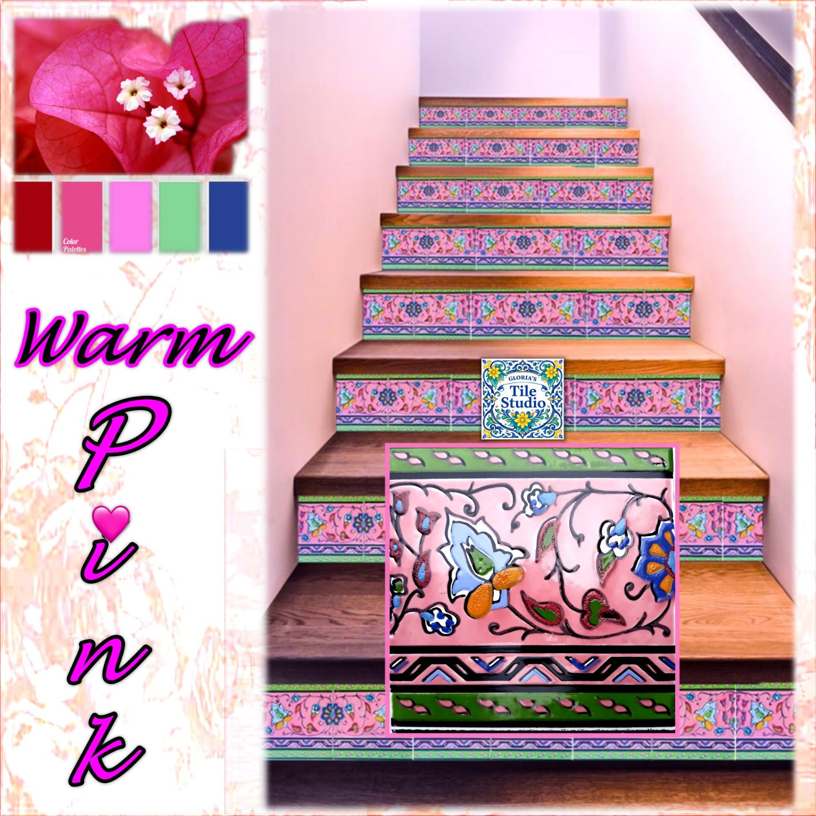 Decorative Stair Risers, Antique Looking Mosaic, Ceramic Border Tiles