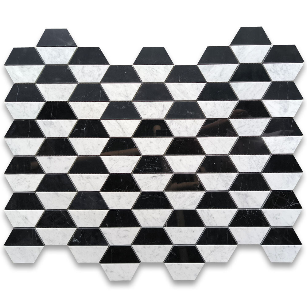 C35T1XP Carrara White Marble Trapezoid Split Hexagon Mosaic Tile Black