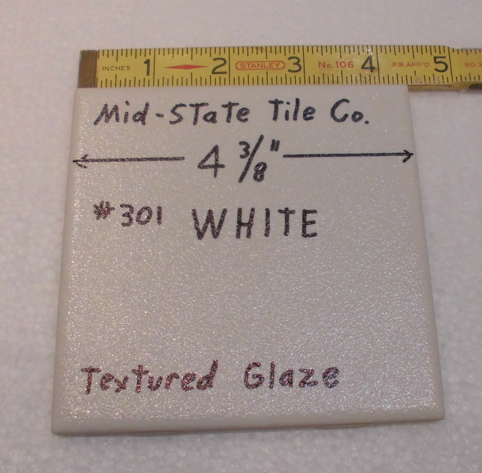 1 pc. Vintage *White Crystal Glaze* Ceramic Tile 4-3/8″ by Mid-State Co. NOS