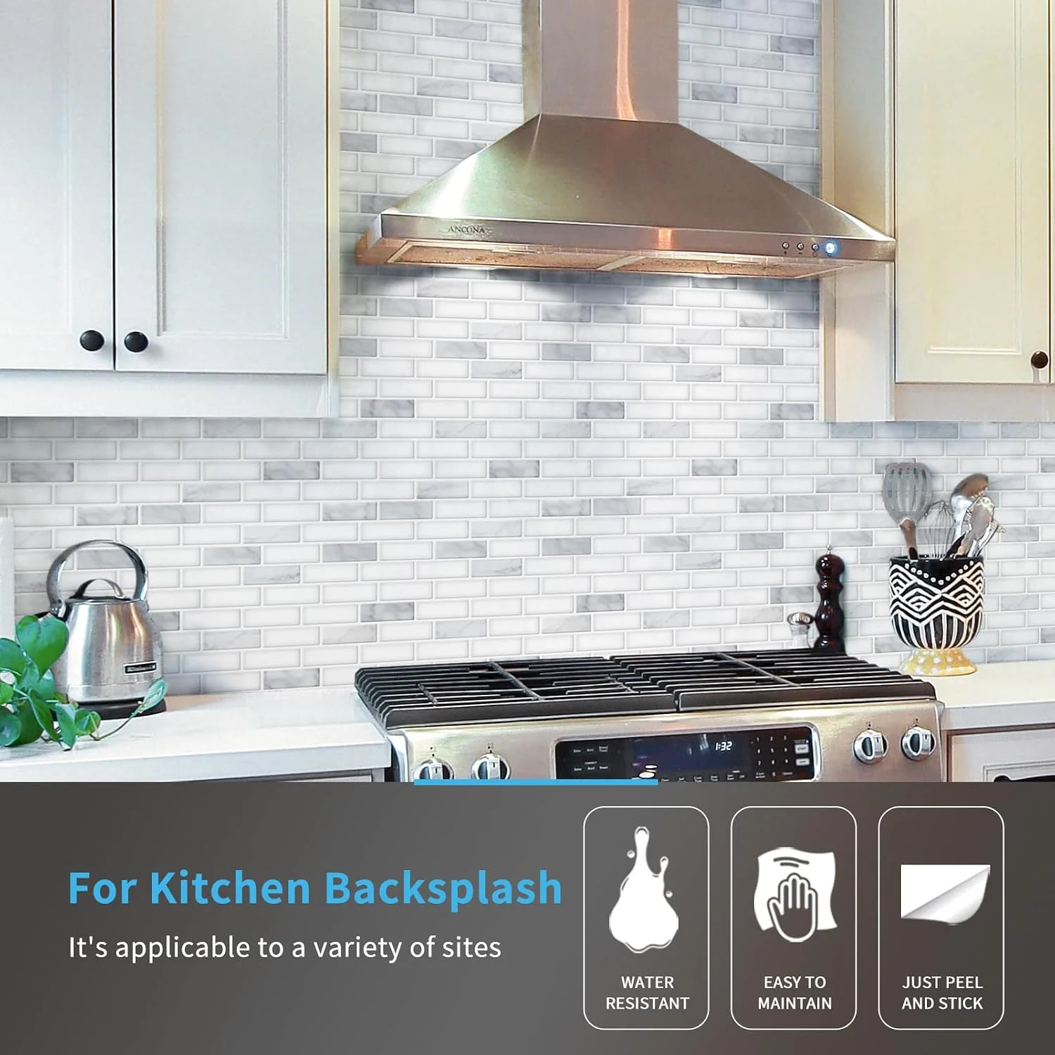 10-Pack Peel and Stick Stone Backsplash Tile, 12″ x 12″, White Marble | Strong A