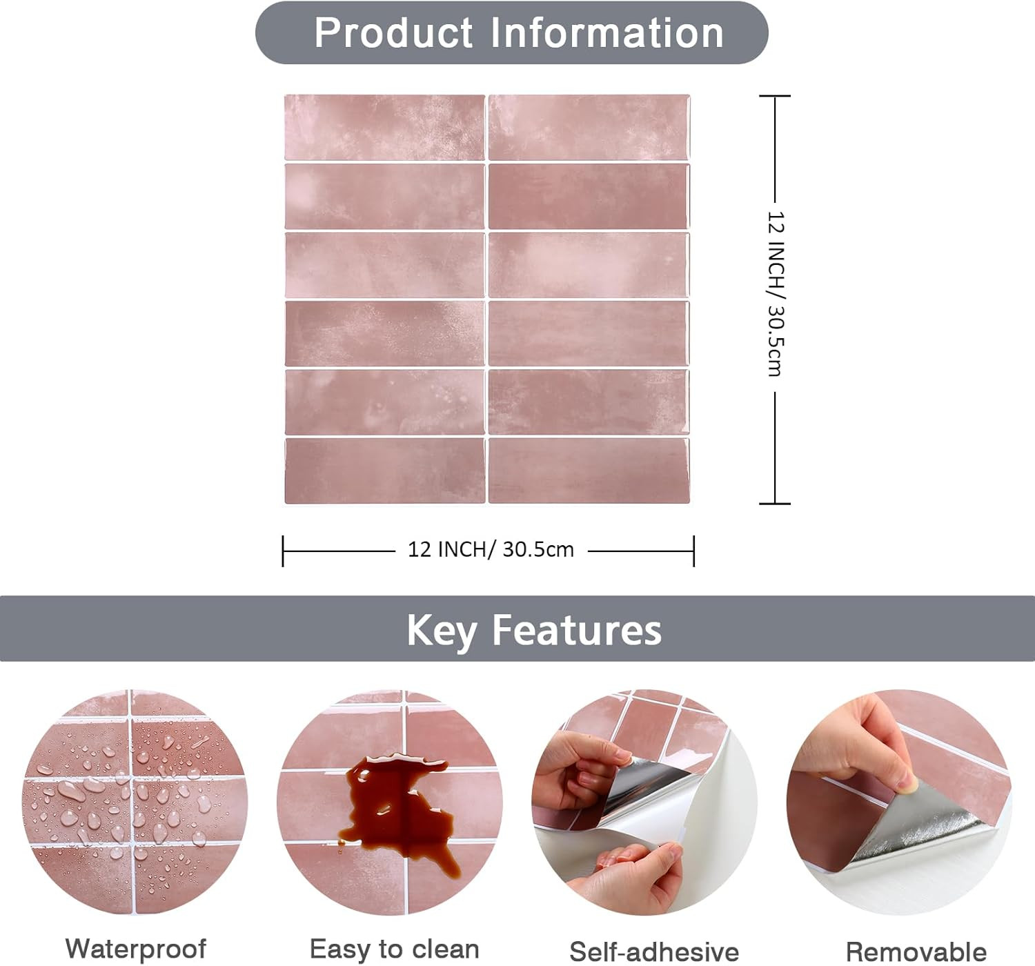 6 Sheets 12″X12″ Pink Subway Peel and Stick Backsplash Tiles Heat Resistant Wate