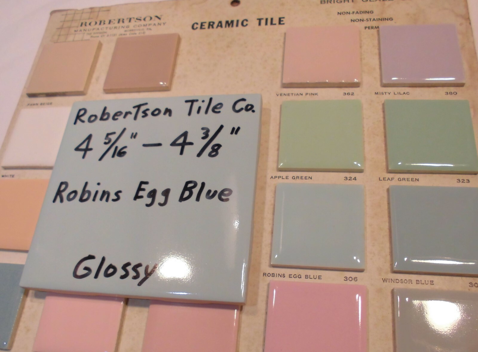 1 pc. Vintage Ceramic Tile *Robins Egg Blue* 4-5/16″- 4-3/8″ Robertson Co. NOS