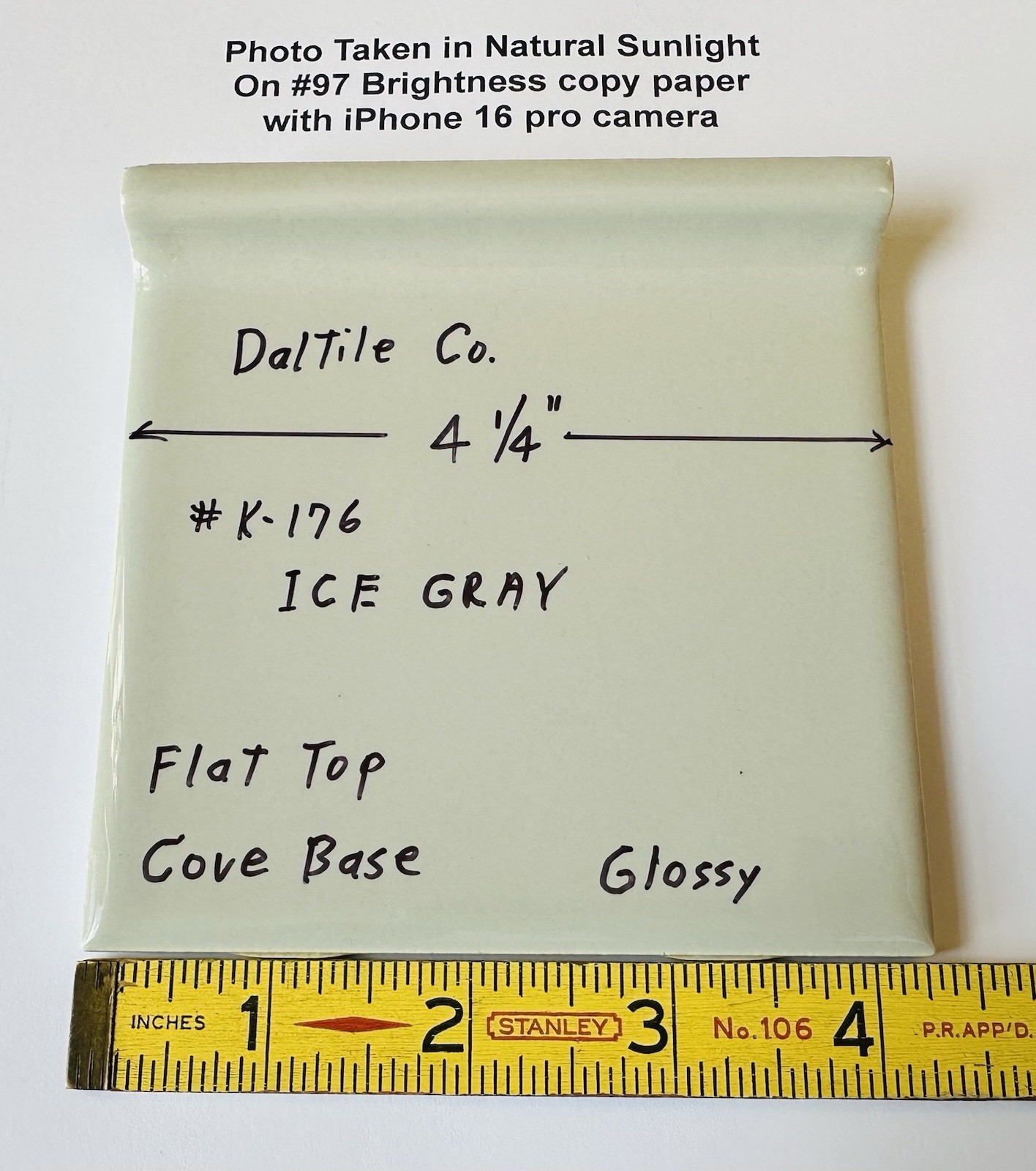 1 pc. Gloss Ice-Gray: stack-on-top Cove Base Ceramic Tile, 4-1/4″ by Daltile NEW